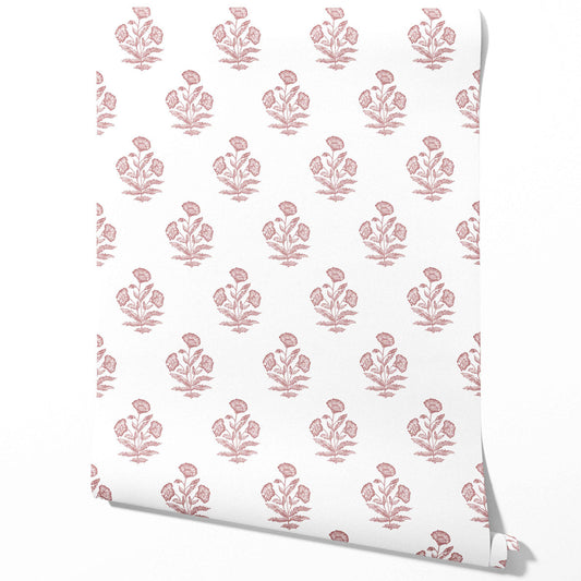 Floral Block Print Traditional Wallpaper (Soft Pink/ White)