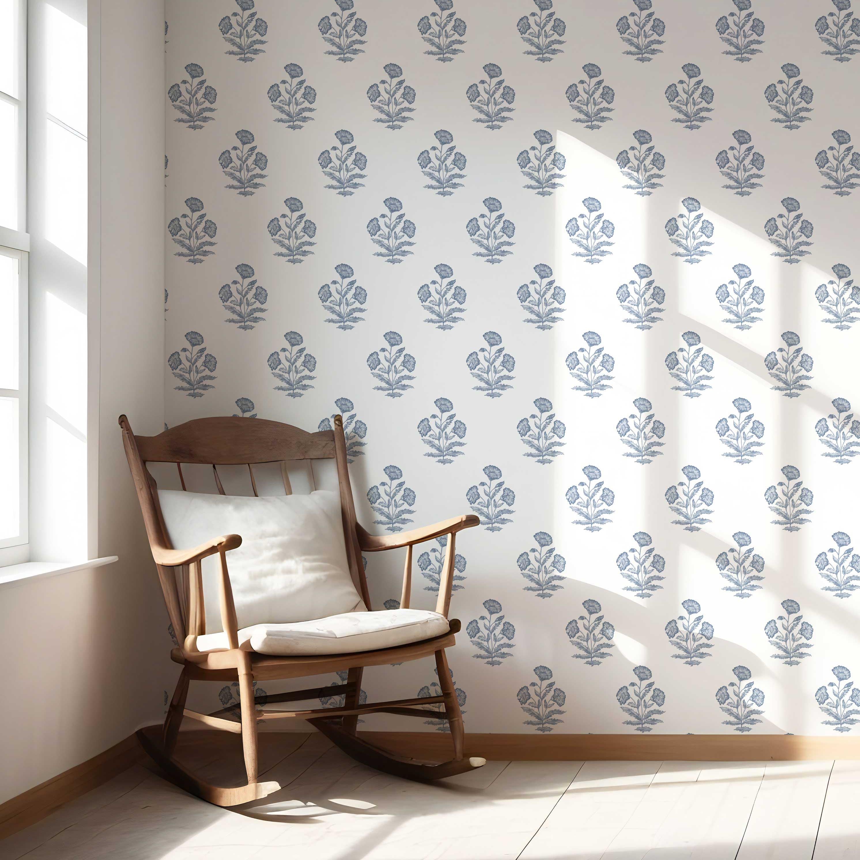 Floral Block Print Nursery Wallpaper Sample (Slate Blue/ White)