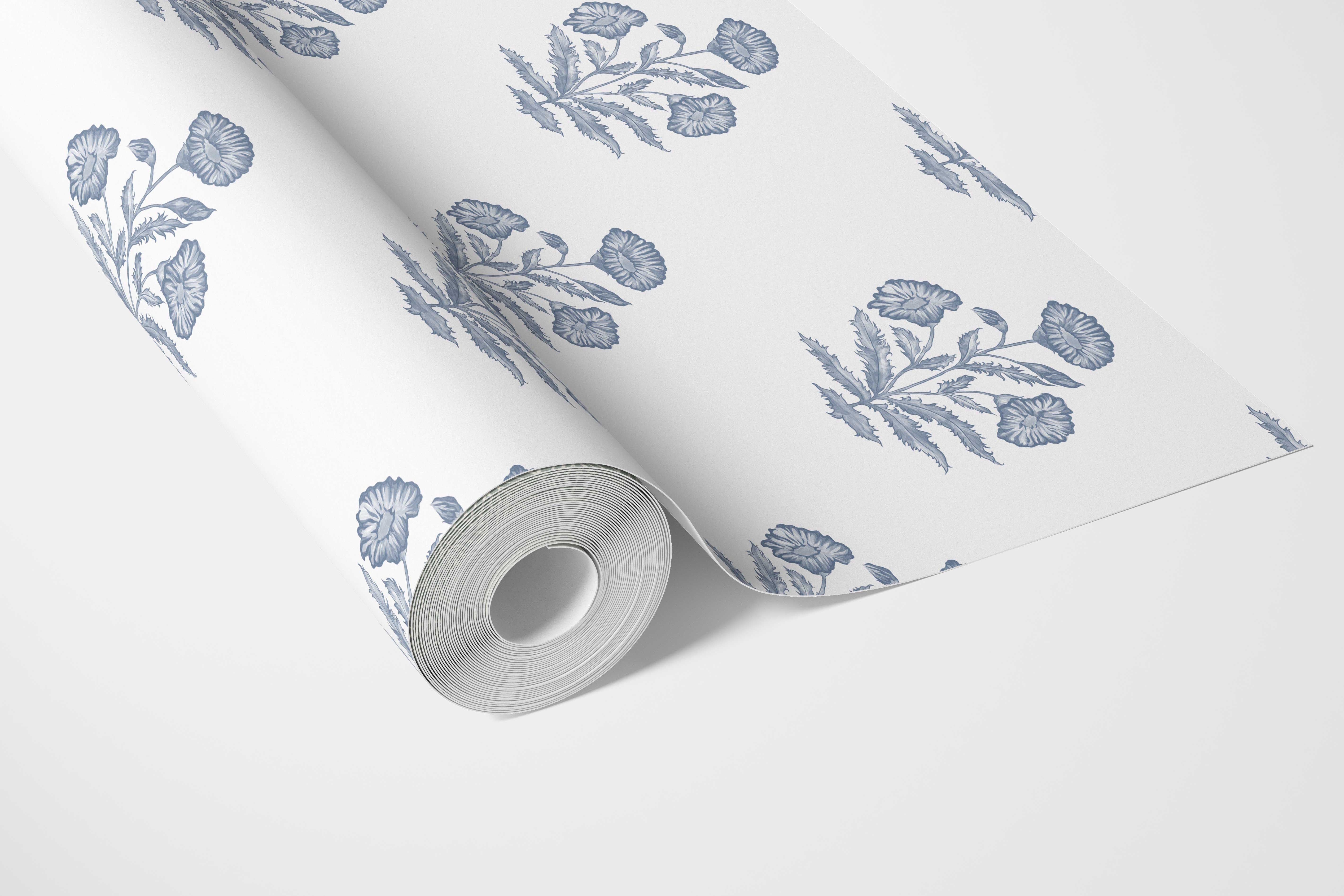 Floral Block Print Bathroom Wallpaper Sample (Slate Blue/ White)