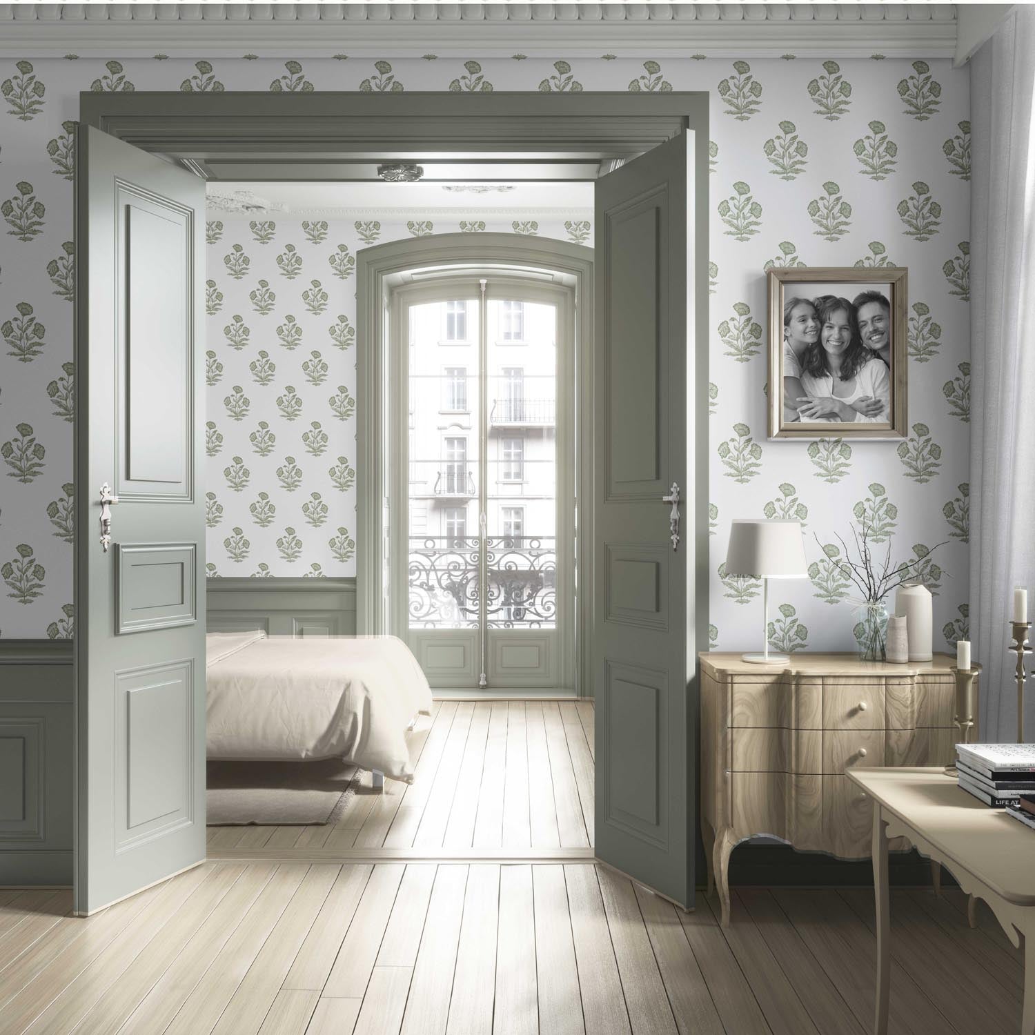 Floral Block Print Living Room Wallpaper Sample (Olive Green/ White)
