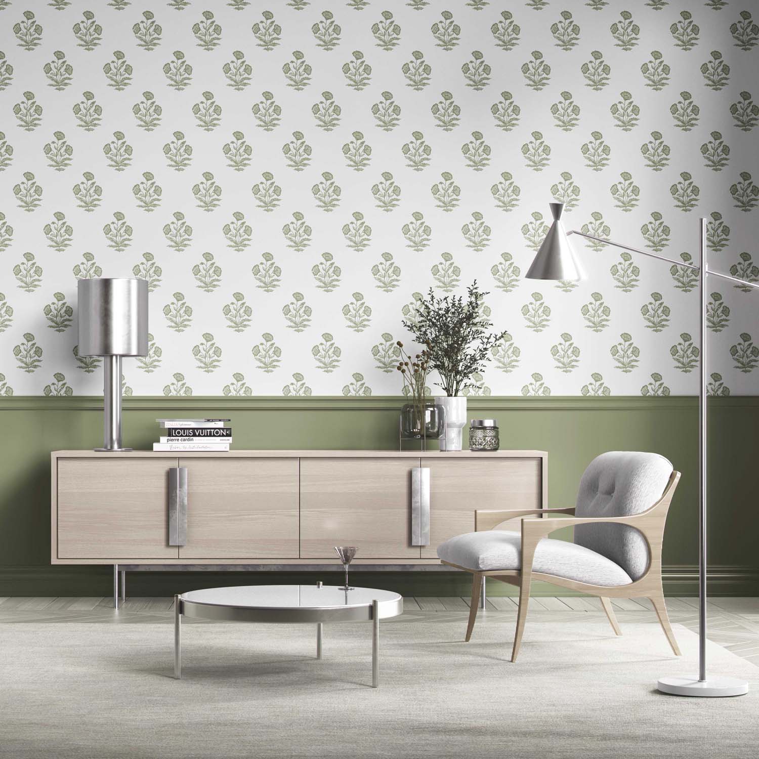 Floral Block Print Kitchen Wallpaper Sample (Olive Green/ White)