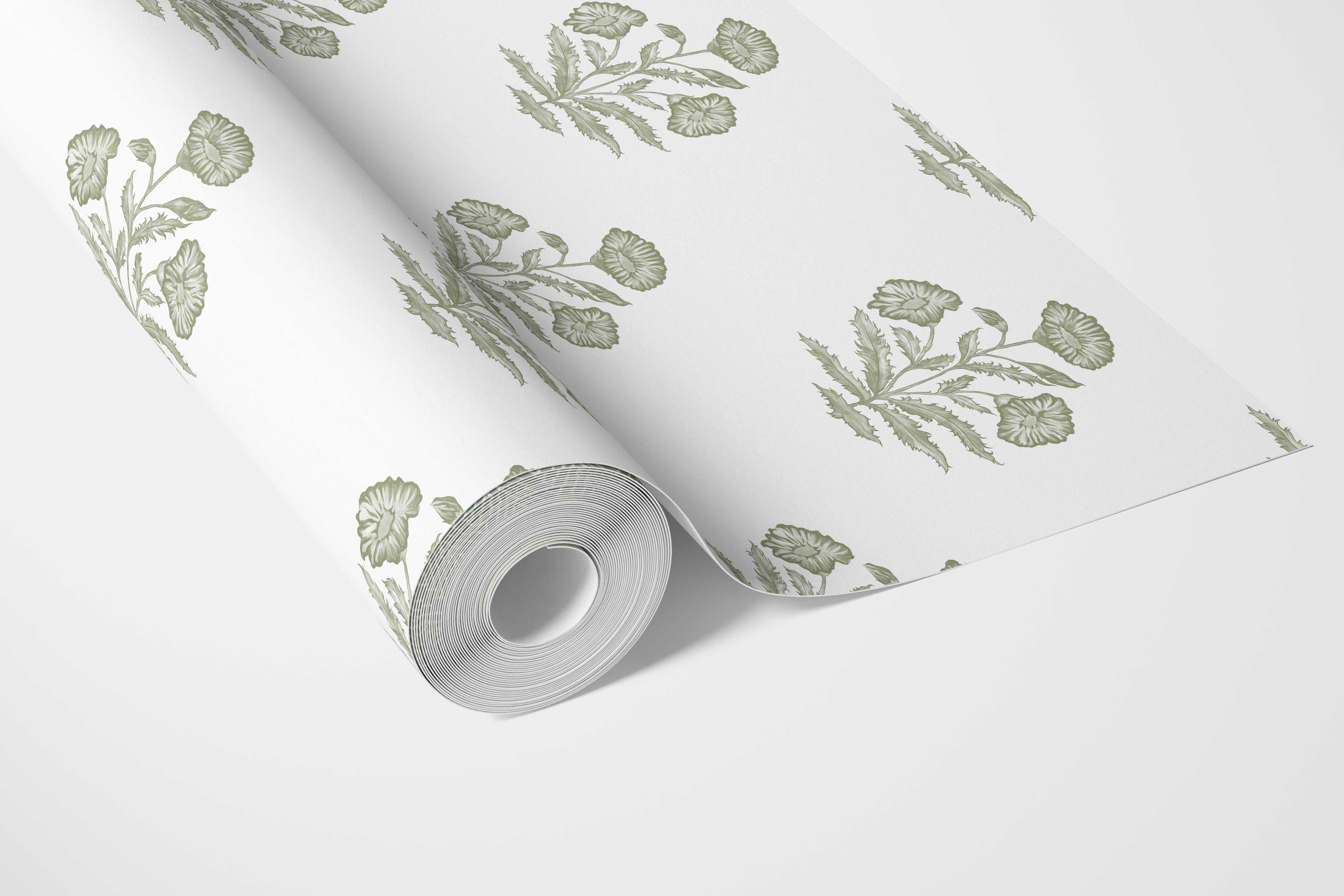 Floral Block Print Bathroom Wallpaper Sample (Olive Green/ White)