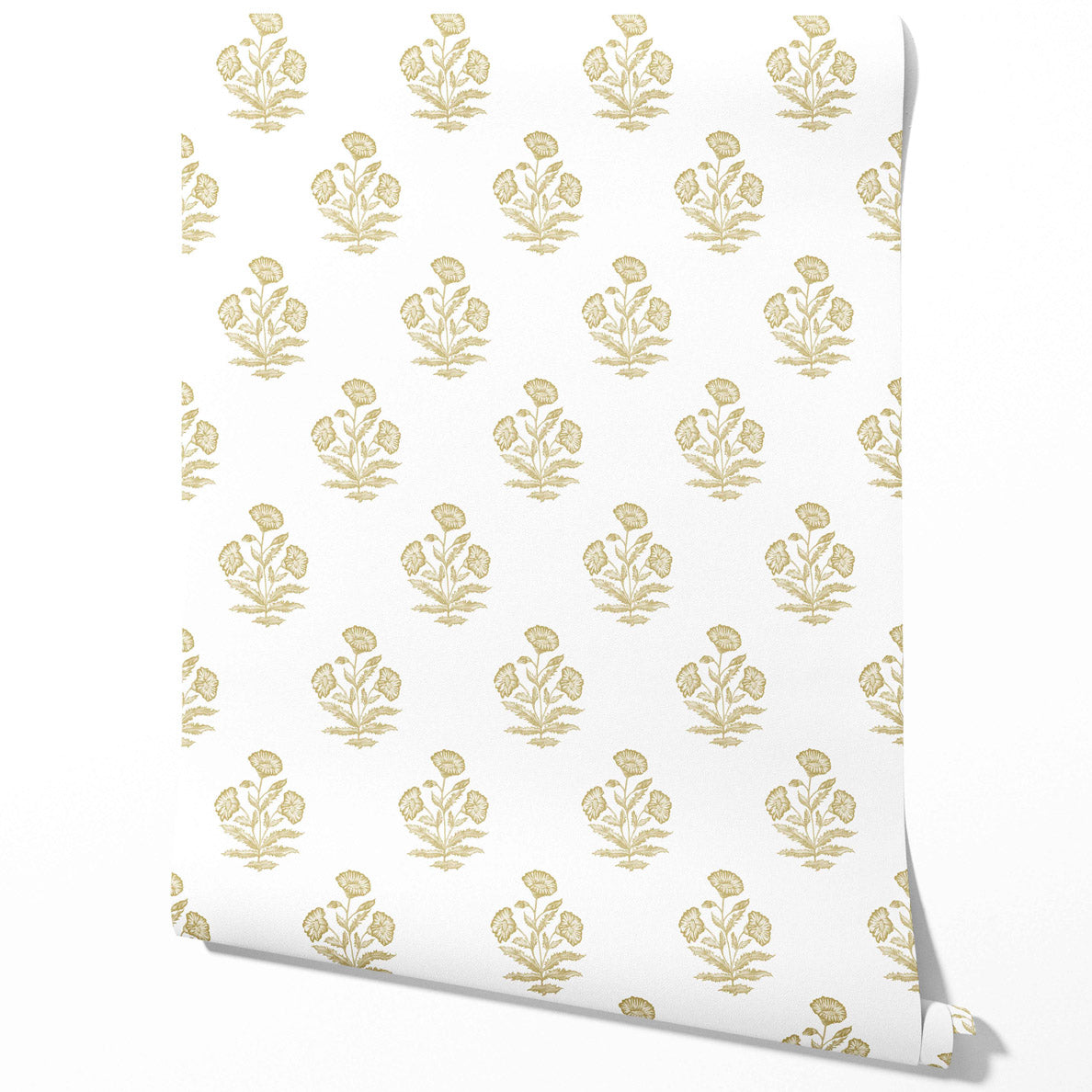 Floral Block Print Traditional Wallpaper Sample (Yellow-Green/ White)