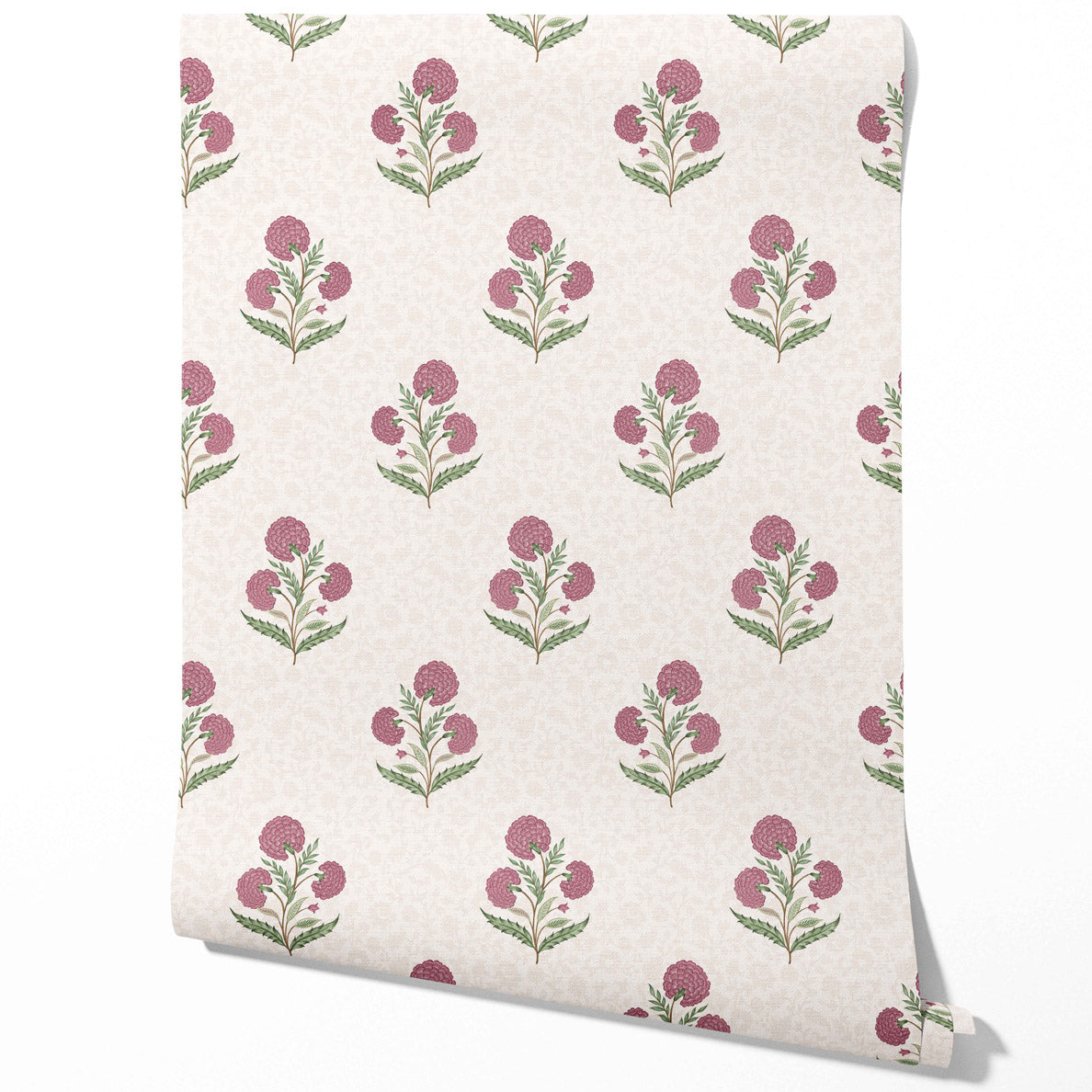 Floral Block Print Traditional Wallpaper Sample (Pink/ Green/ Soft Taupe)