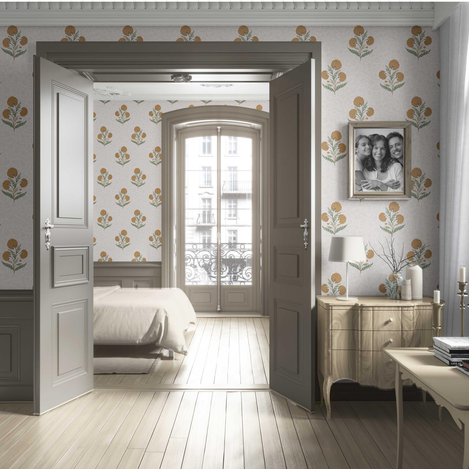 Floral Block Print Living Room Wallpaper (Ochre Yellow/ Green)