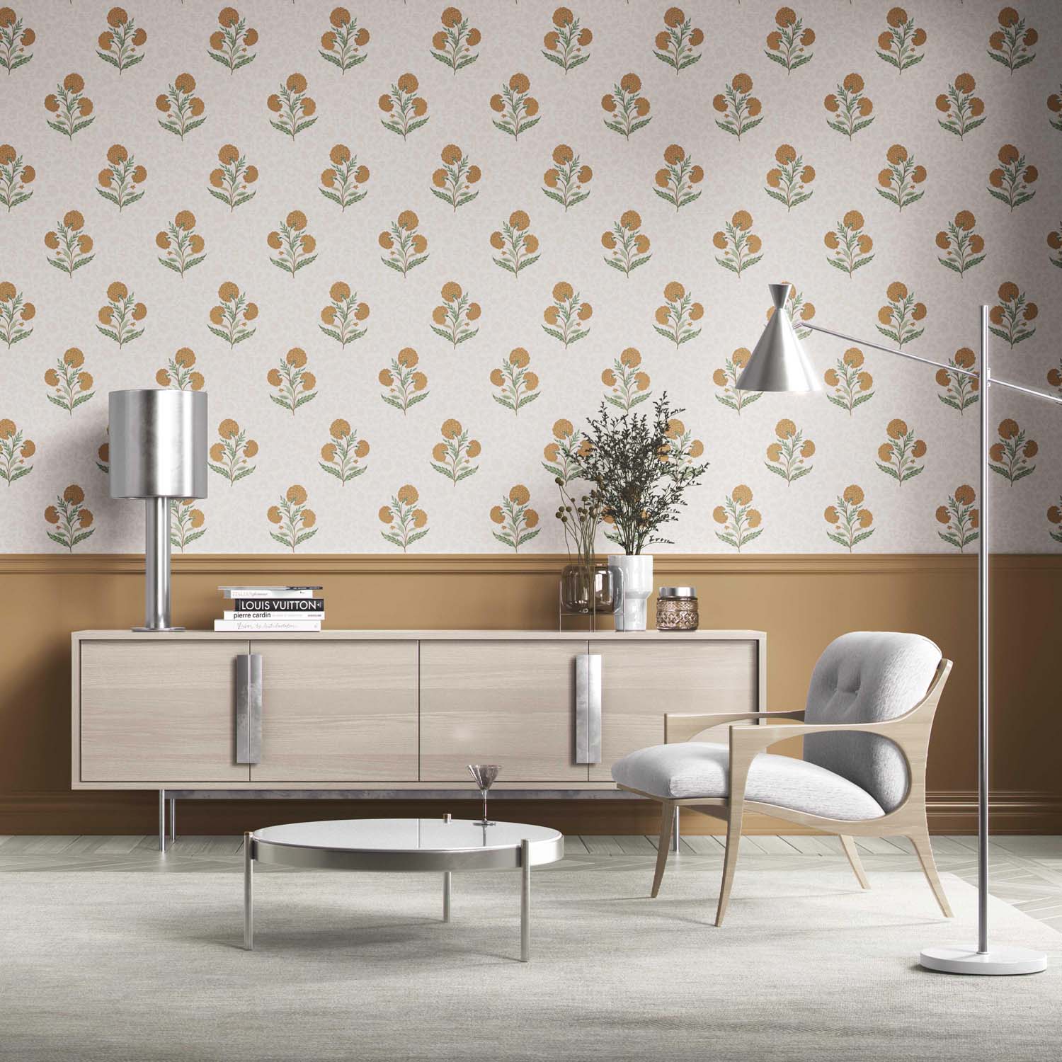 Floral Block Print Kitchen Wallpaper Sample (Ochre Yellow/ Green)