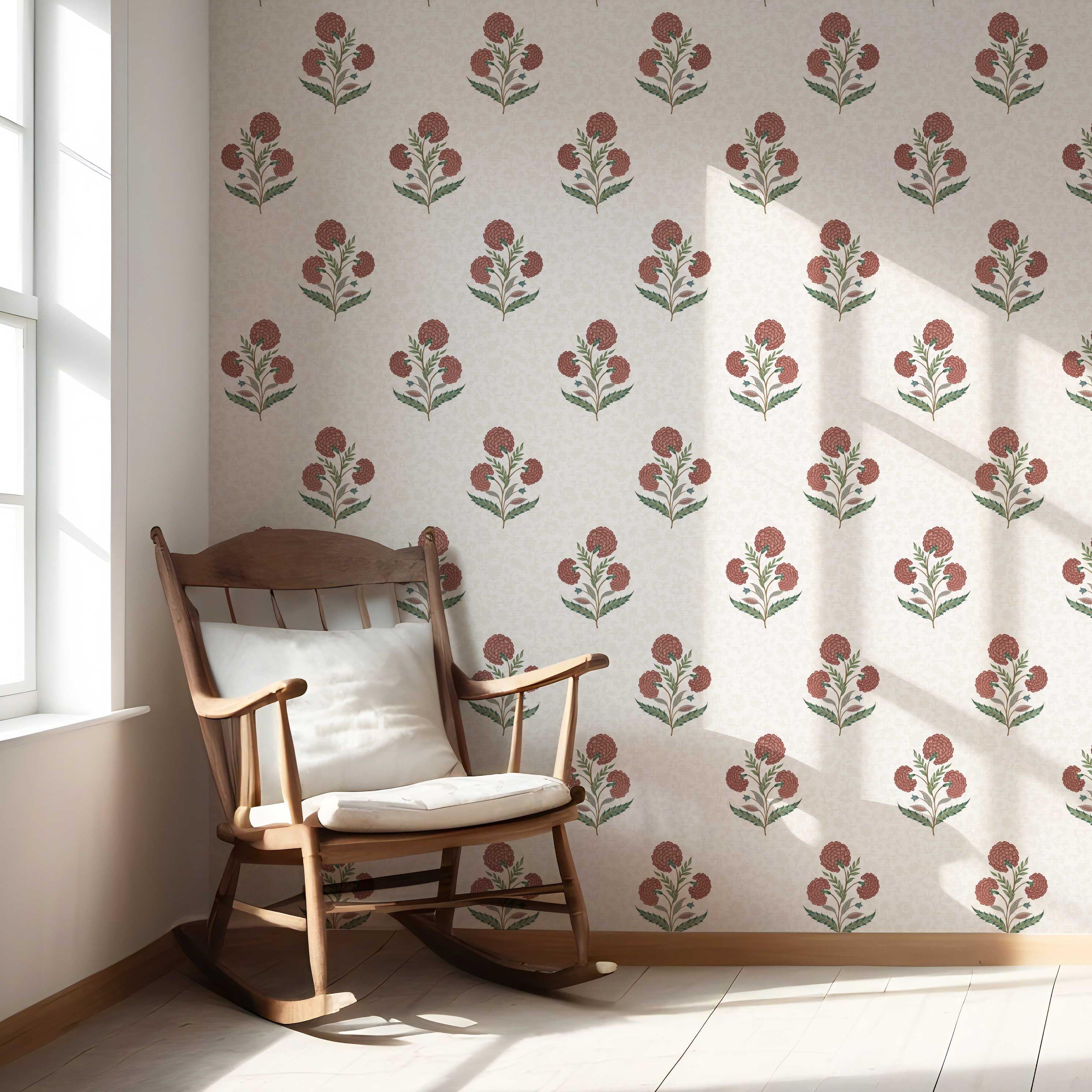 Floral Block Print Nursery Wallpaper Sample (Red/ Green/ Soft Taupe)