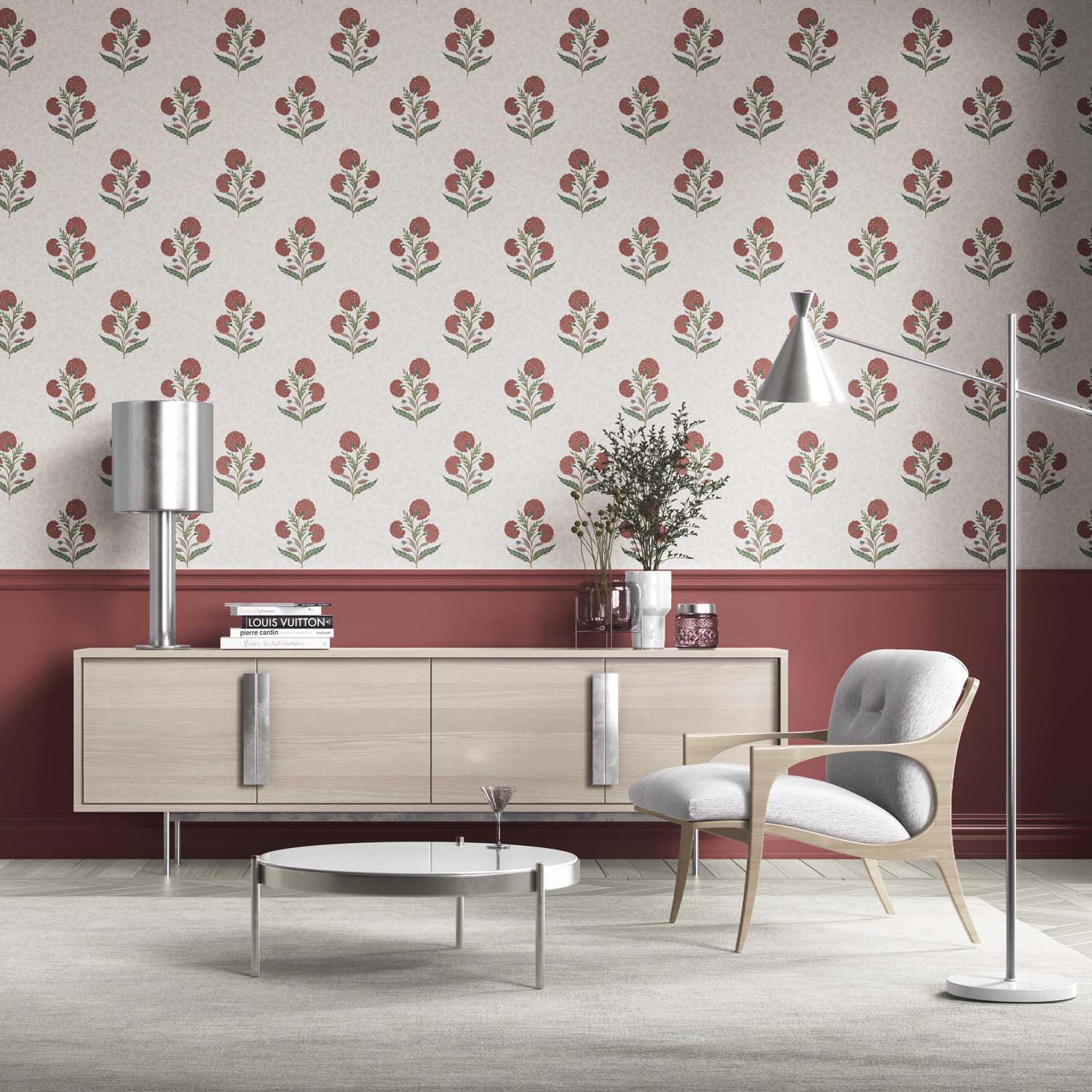 Floral Block Print Kitchen Wallpaper Sample (Red/ Green/ Soft Taupe)