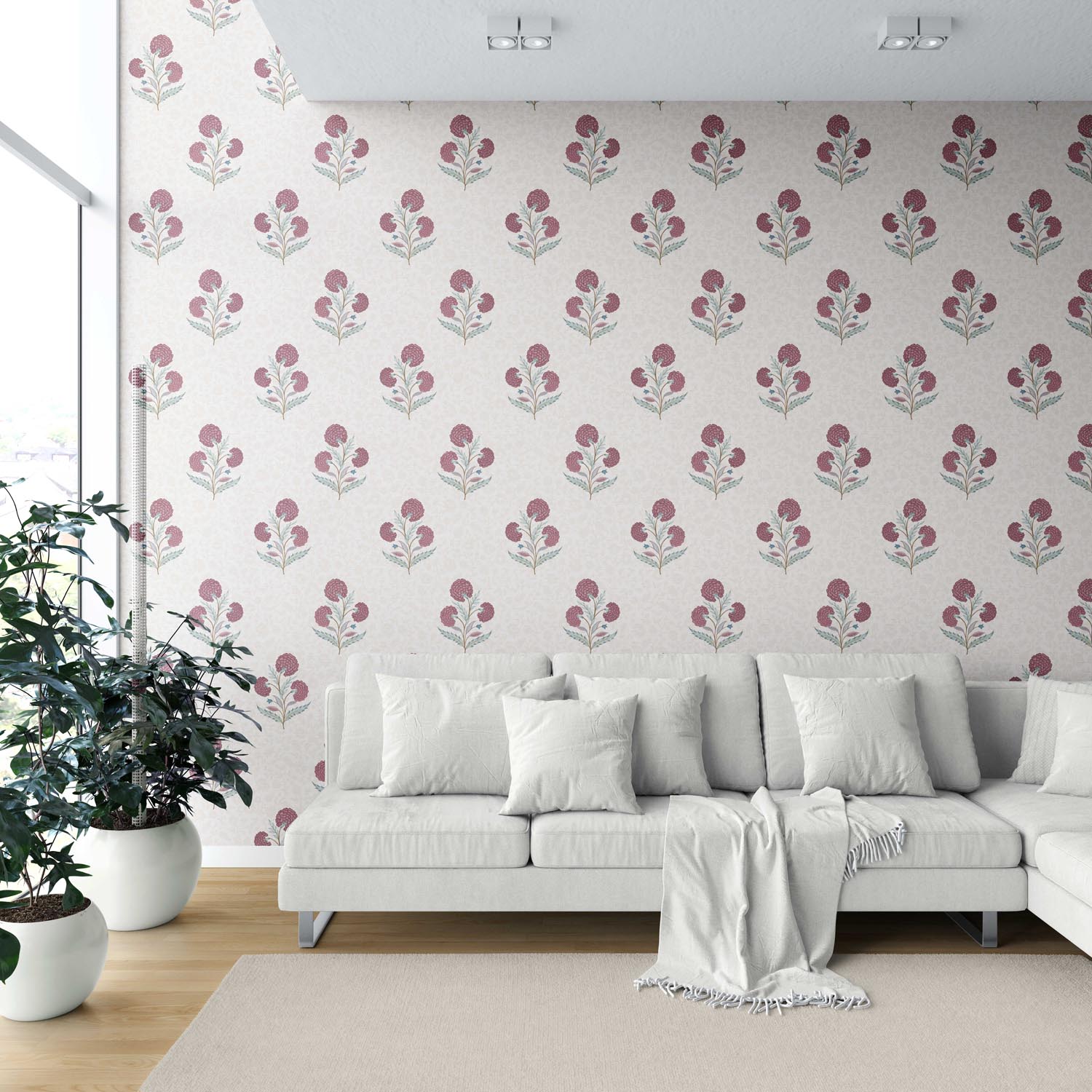 Floral Block Print Shower Toilet Wallpaper Sample (Deep Pink/ Green/ Soft Taupe)