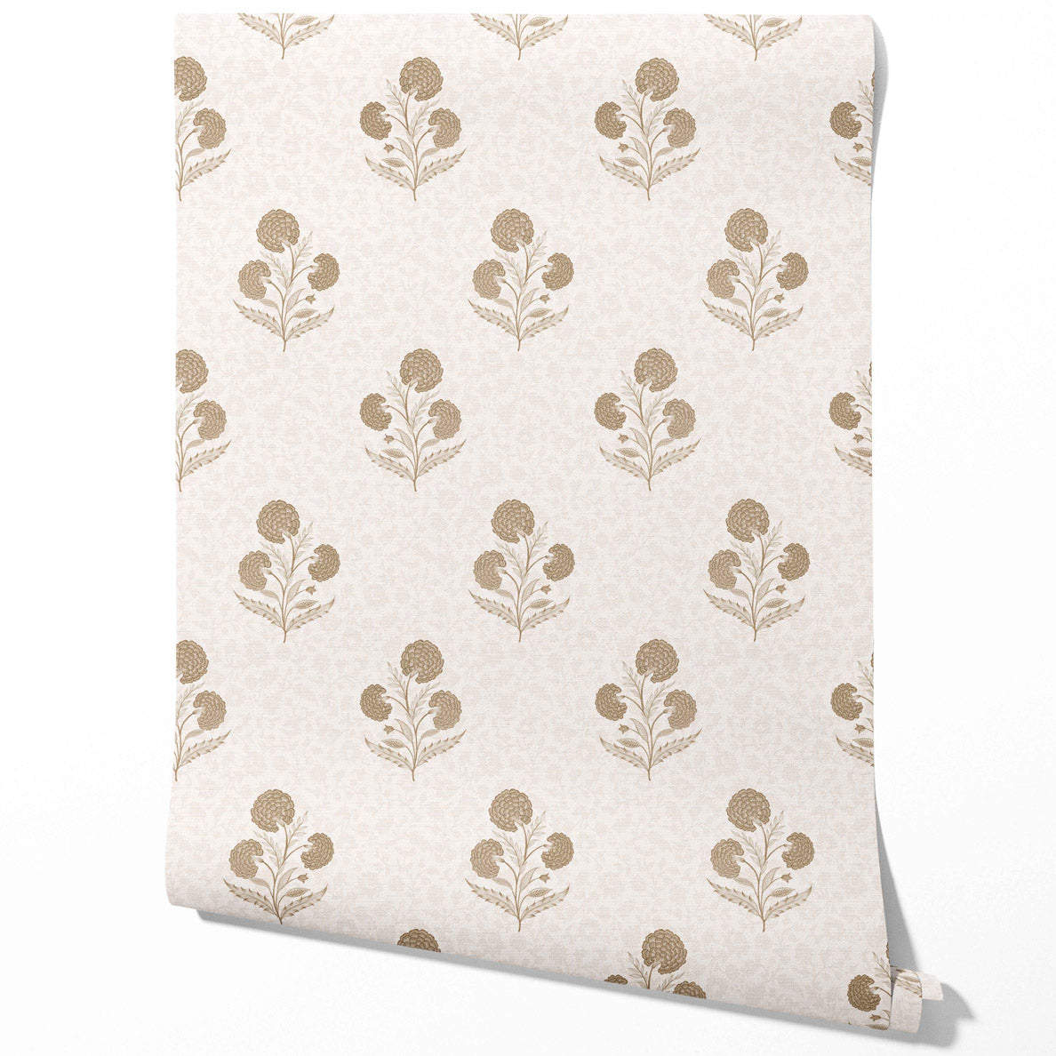 Neutral Floral Block Print Traditional Wallpaper Sample (Beige/ Brown/ Soft Taupe)