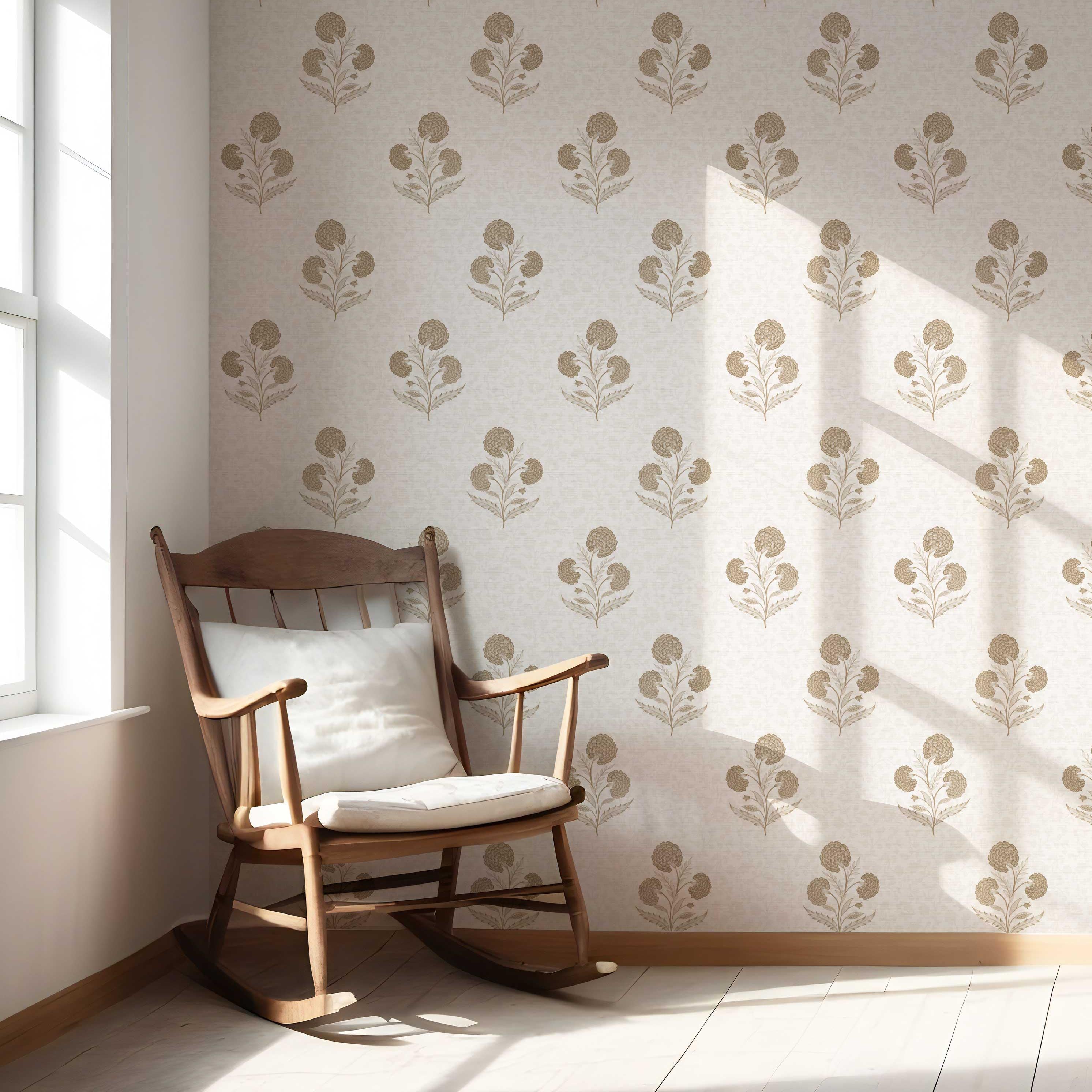 Neutral Floral Block Print Nursery Wallpaper Sample (Beige/ Brown/ Soft Taupe)