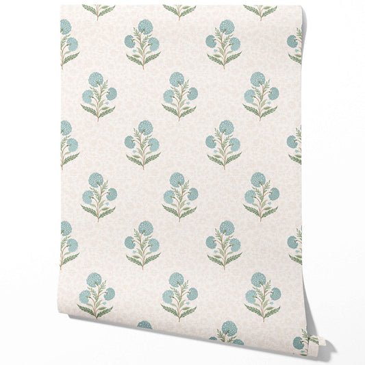 Floral Block Print Traditional Wallpaper (Duck Egg Blue/ Green/ Soft Taupe)