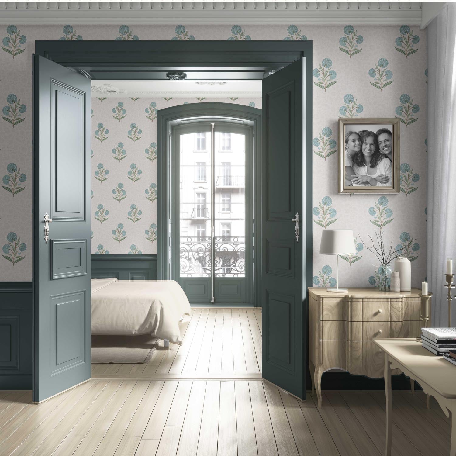 Floral Block Print Living Room Wallpaper Sample (Duck Egg Blue/ Green/ Soft Taupe)