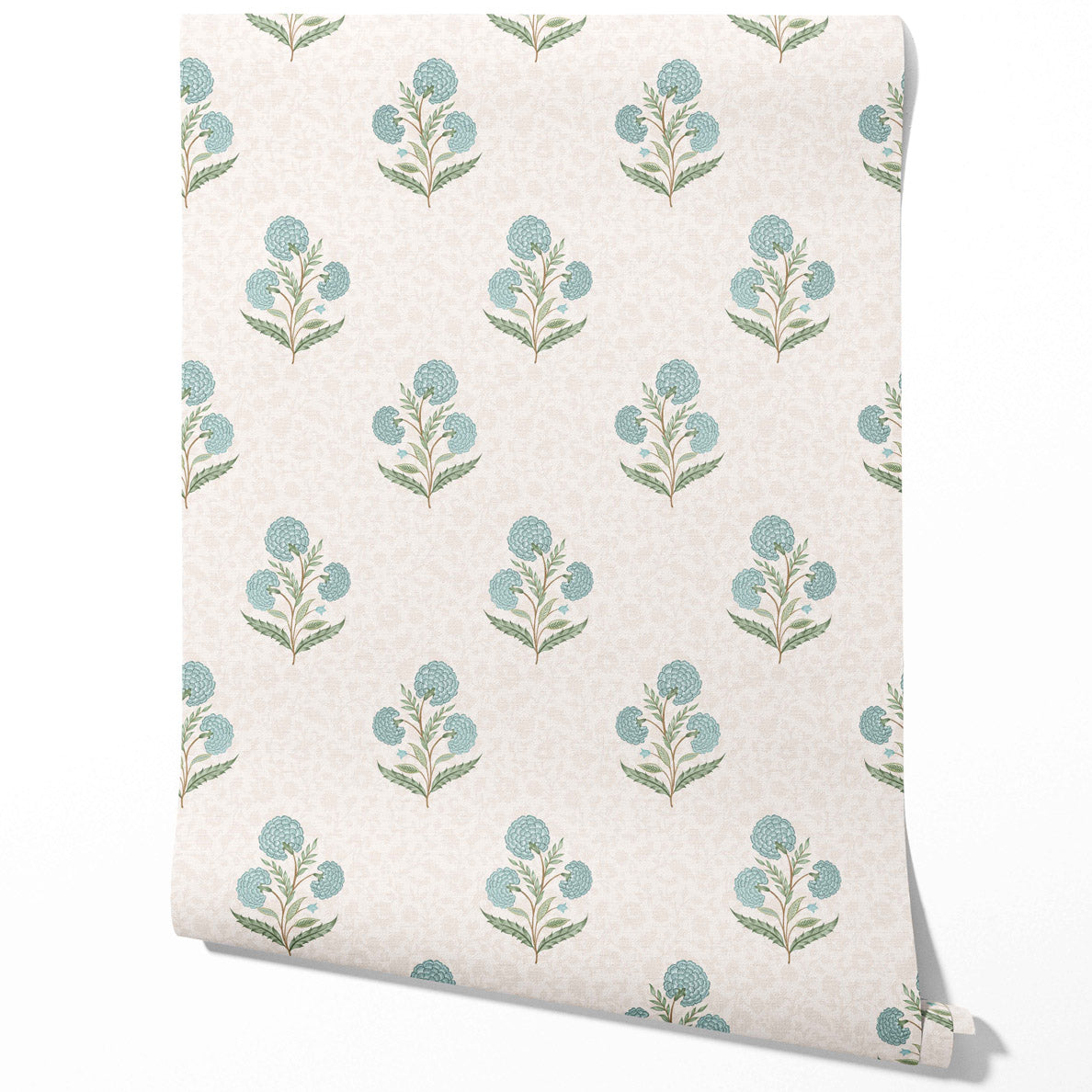 Floral Block Print Traditional Wallpaper Sample (Duck Egg Blue/ Green/ Soft Taupe)
