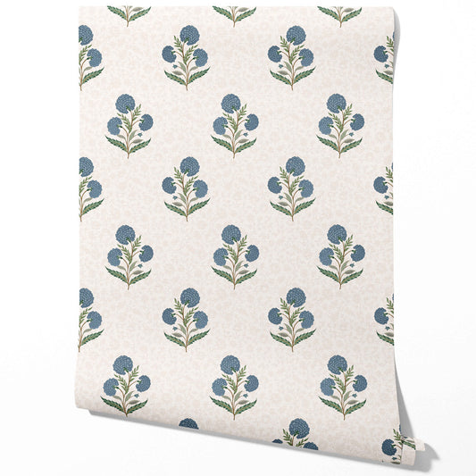 Floral Block Print Traditional Wallpaper Sample (Blue/ Green/ Soft Taupe)
