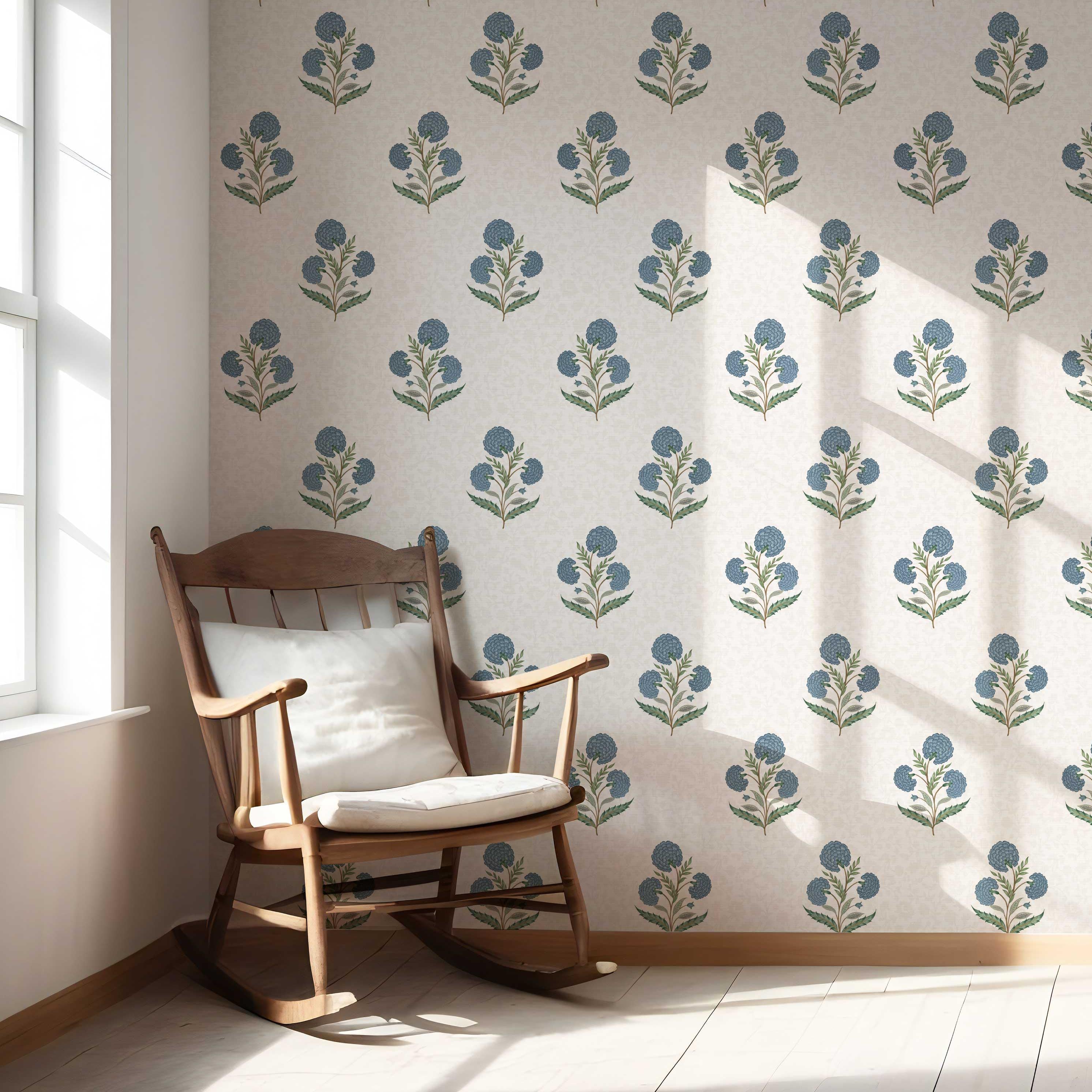 Floral Block Print Nursery Wallpaper Sample (Blue/ Green/ Soft Taupe)
