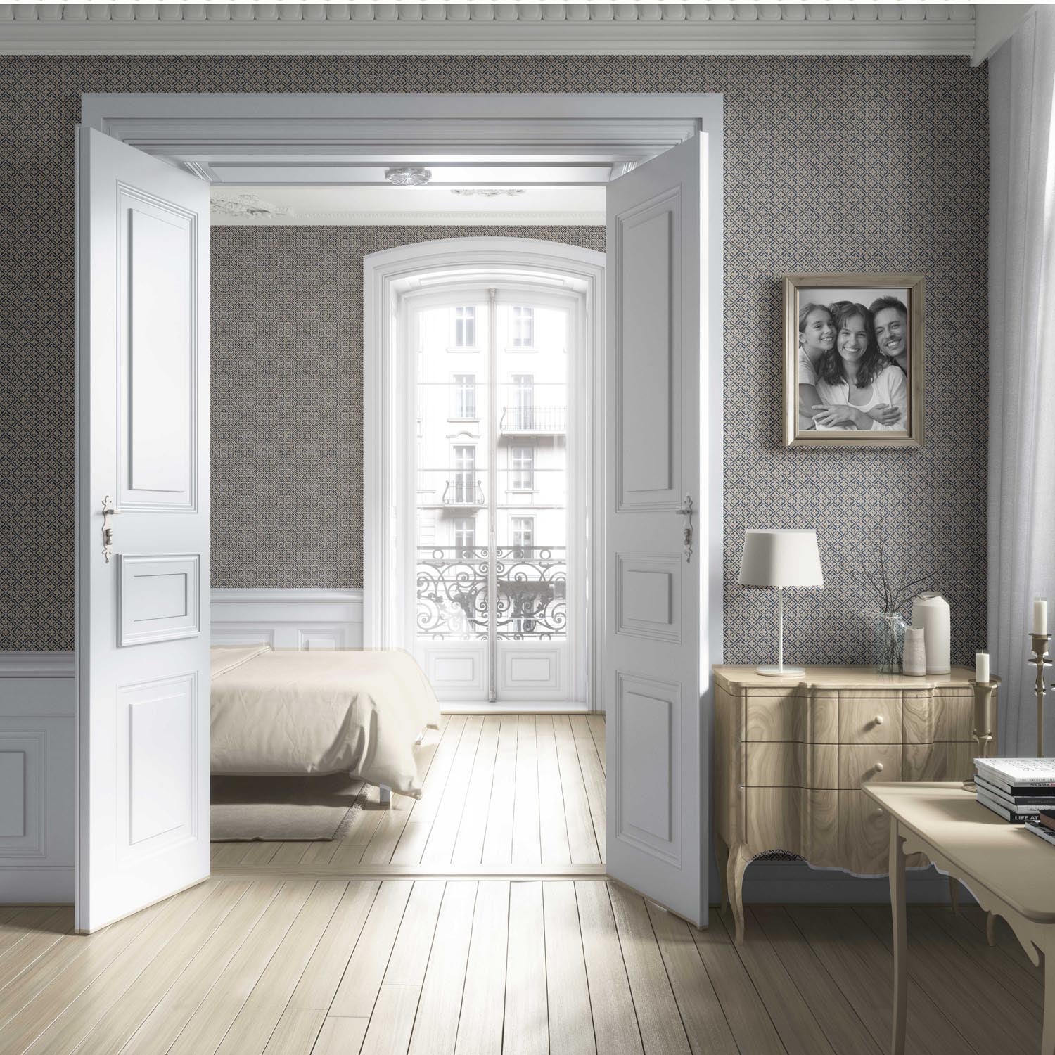 Small Floral Lattice/ Geometric Micro-Print Nursery Wallpaper (Navy Blue/ Beige)