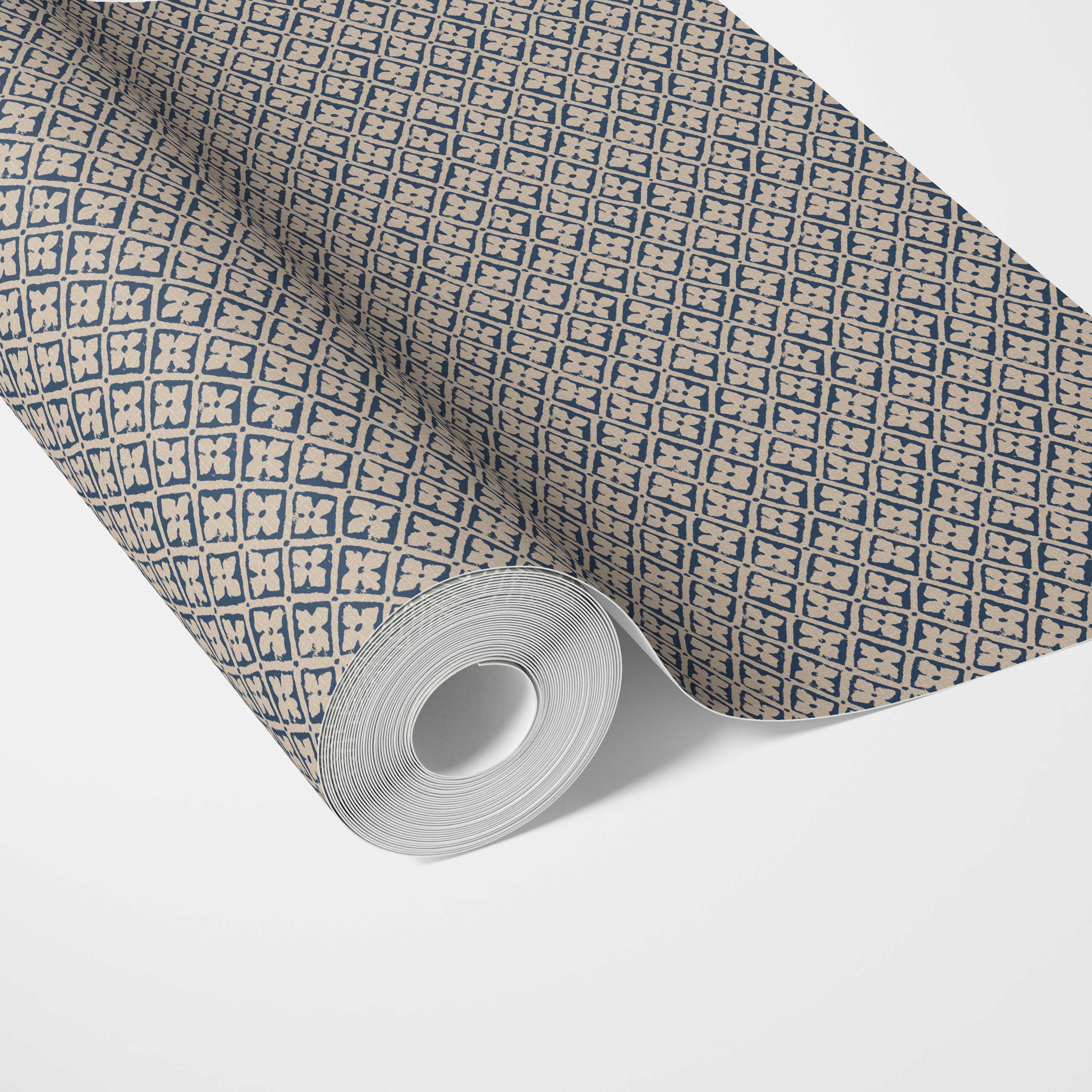 Small Floral Lattice/ Geometric Micro-Print Kitchen Wallpaper Sample (Navy Blue/ Beige)