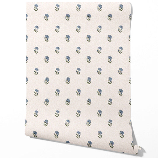 Botanical/ Floral Block Print Traditional Wallpaper (Blue/ Green/ Soft Taupe)