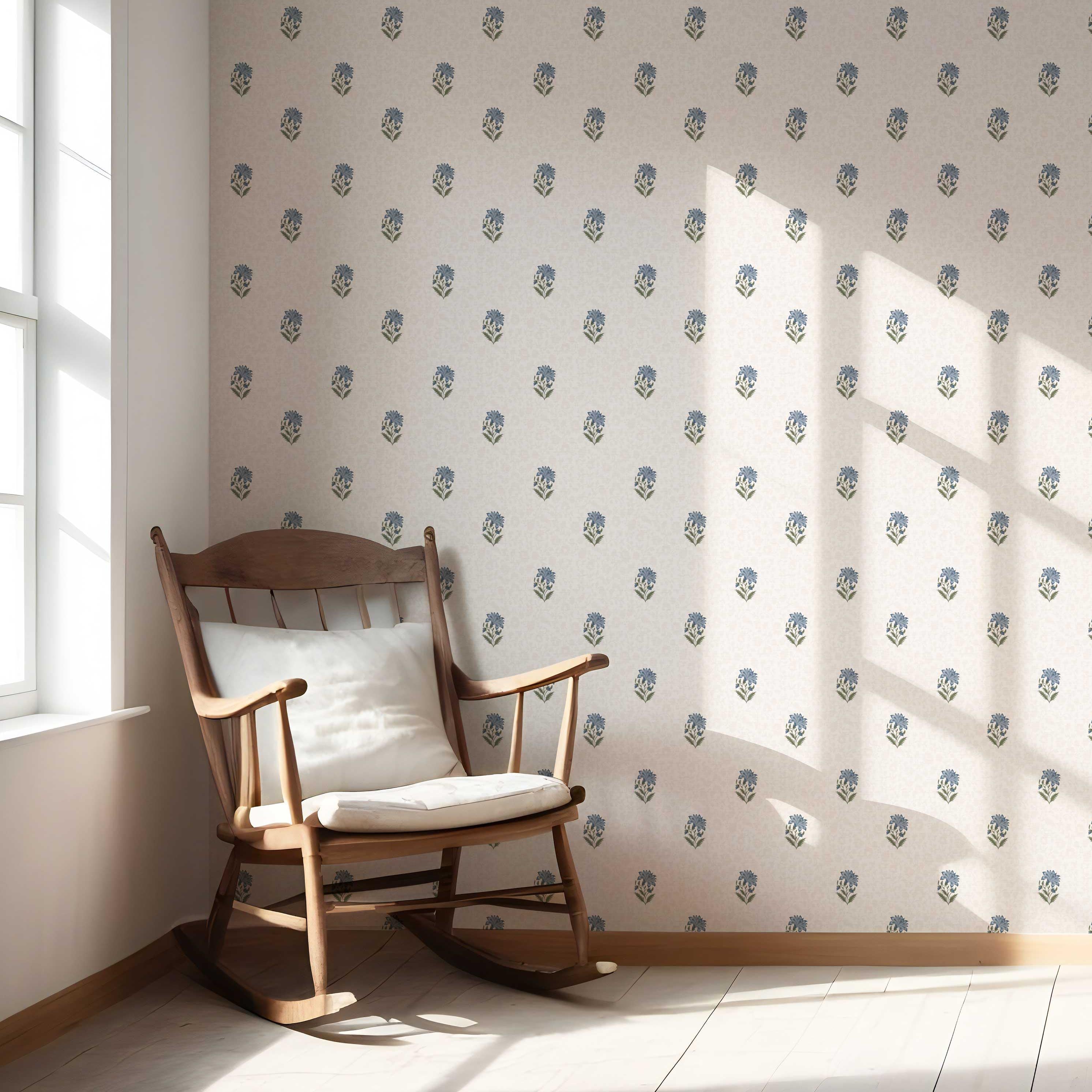Botanical/ Floral Block Print Nursery Wallpaper Sample (Blue/ Green/ Soft Taupe)