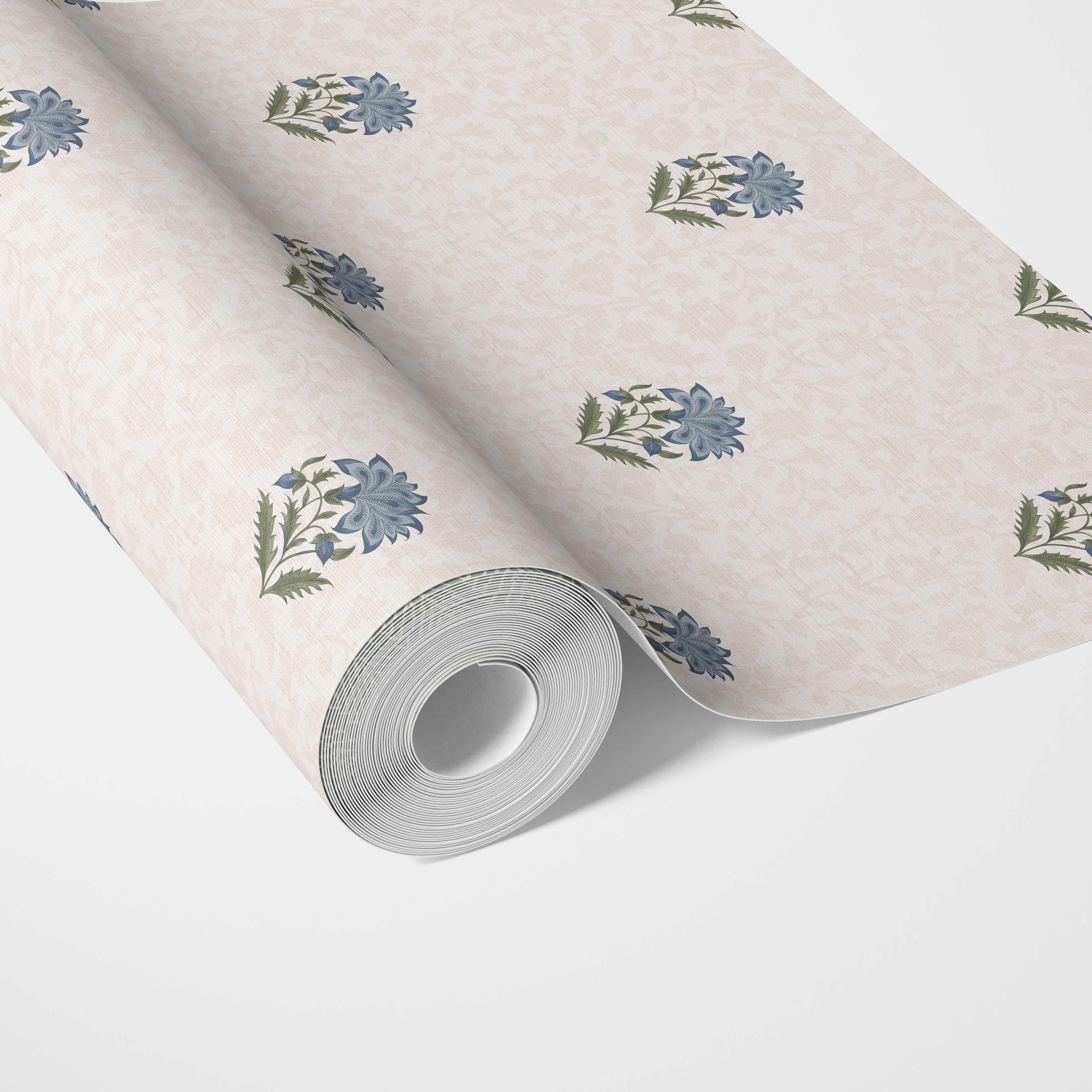 Botanical/ Floral Block Print Kitchen Wallpaper Sample (Blue/ Green/ Soft Taupe)