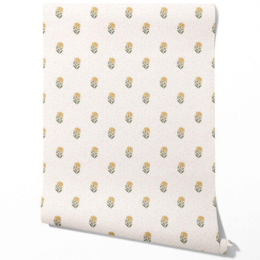 Botanical/ Floral Block Print Traditional Wallpaper Sample (Yellow/ Green/ Soft Taupe)