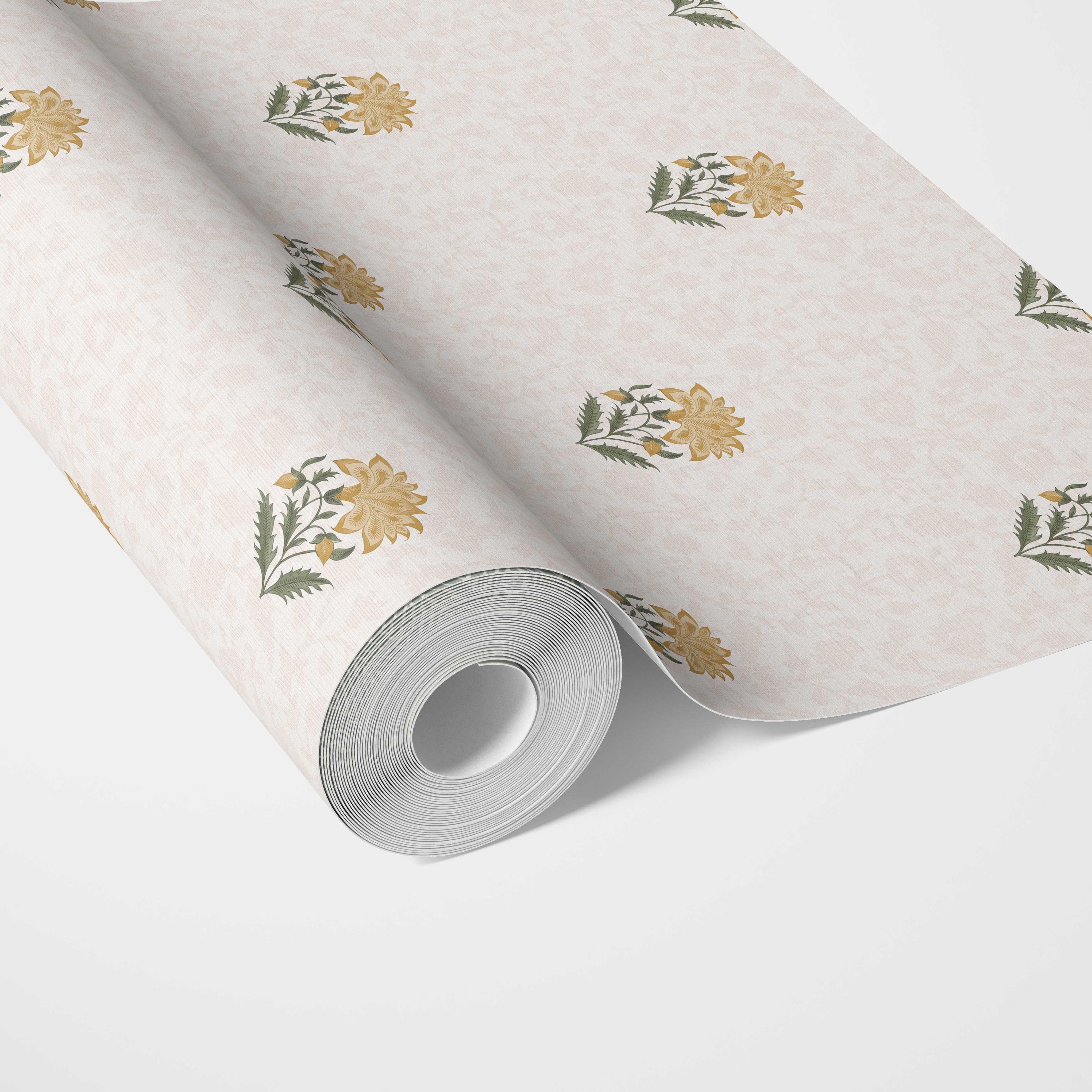 Botanical/ Floral Block Print Kitchen Wallpaper Sample (Yellow/ Green/ Soft Taupe)