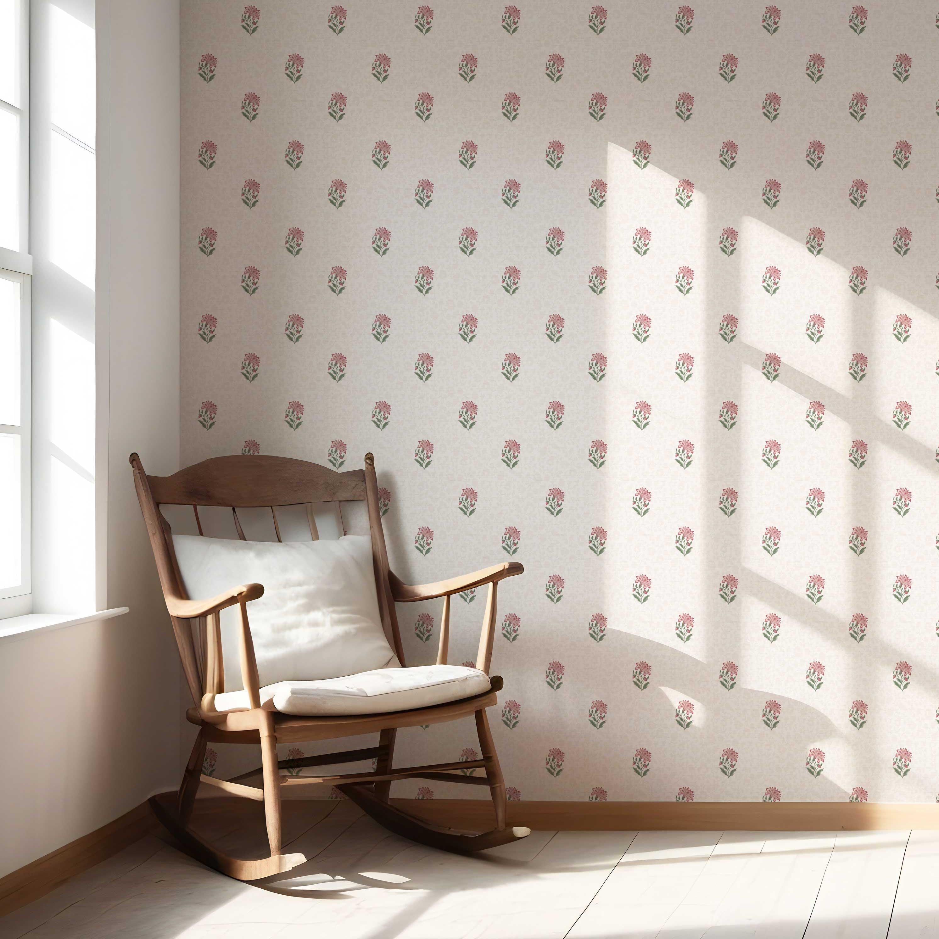Botanical/ Floral Block Print Nursery Wallpaper Sample (Pink/ Green/ Soft Taupe)