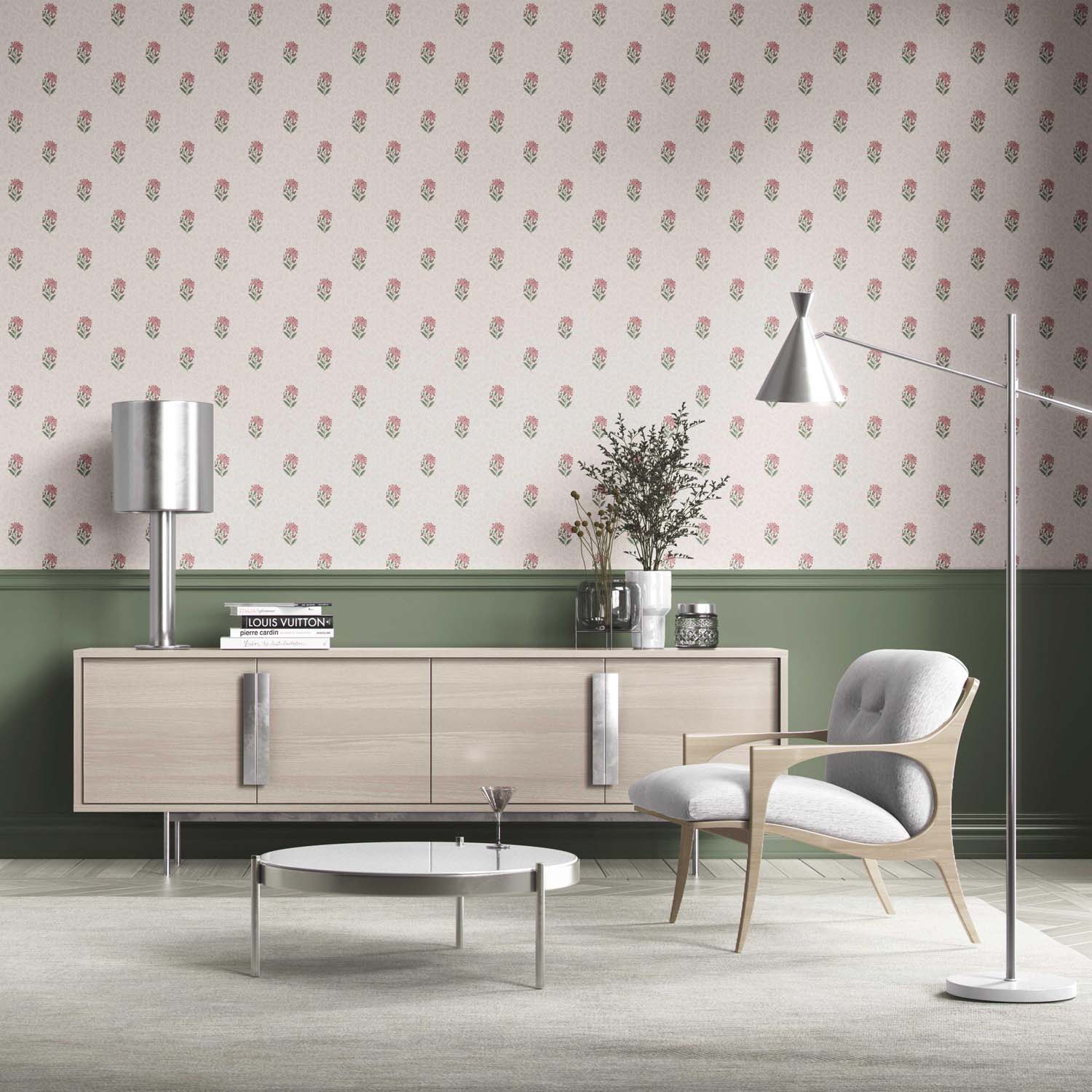 Botanical/ Floral Block Print Bathroom Wallpaper Sample (Pink/ Green/ Soft Taupe)