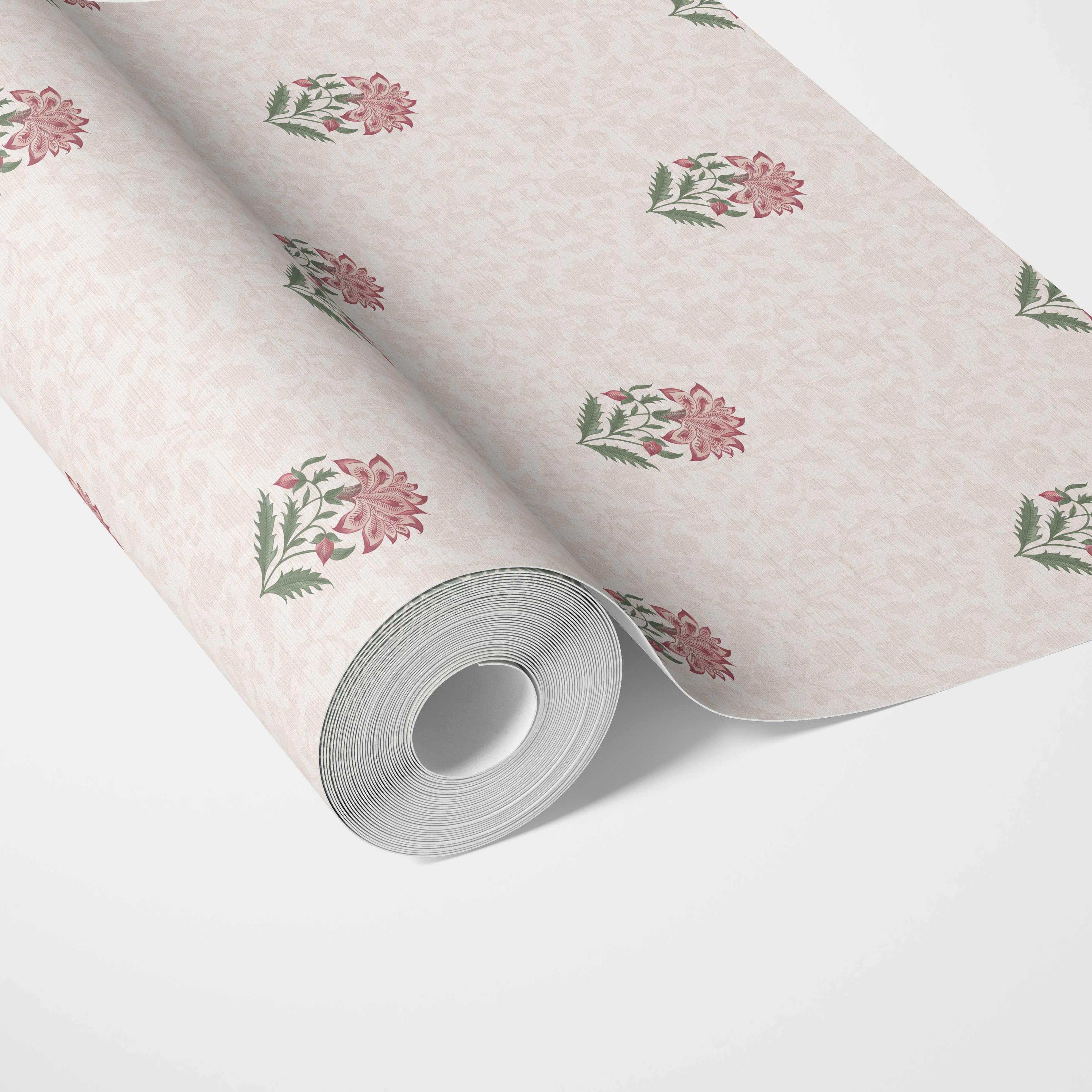 Botanical/ Floral Block Print Kitchen Wallpaper Sample (Pink/ Green/ Soft Taupe)