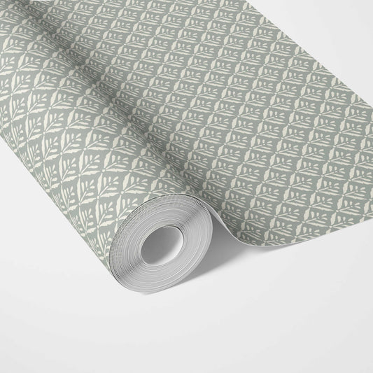 Small Floral Lattice/ Leaf Textured Traditional Wallpaper (Green-Gray)