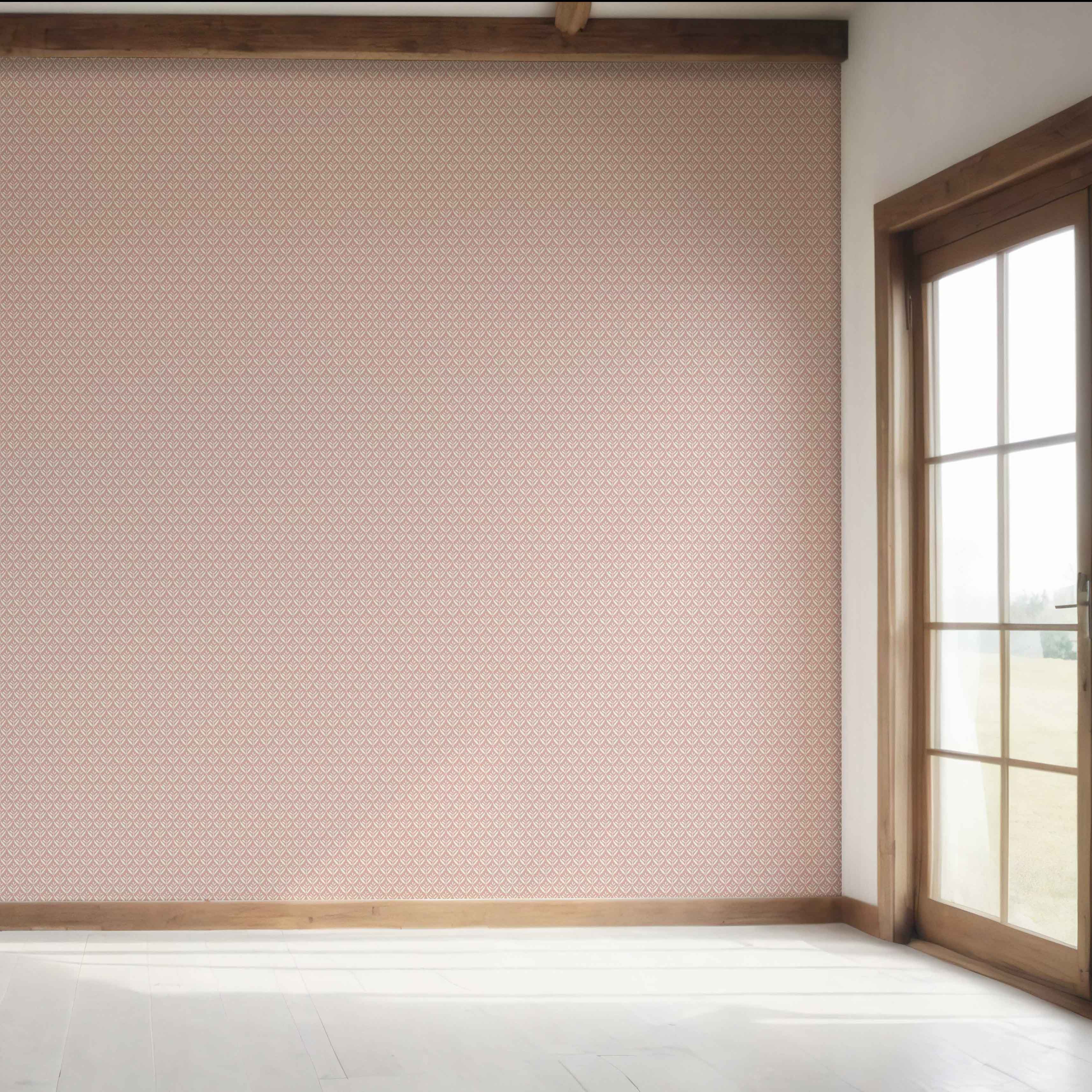 Small Floral Lattice/ Leaf Textured Bedroom Wallpaper Sample (Dusty Pink/ Off-White)