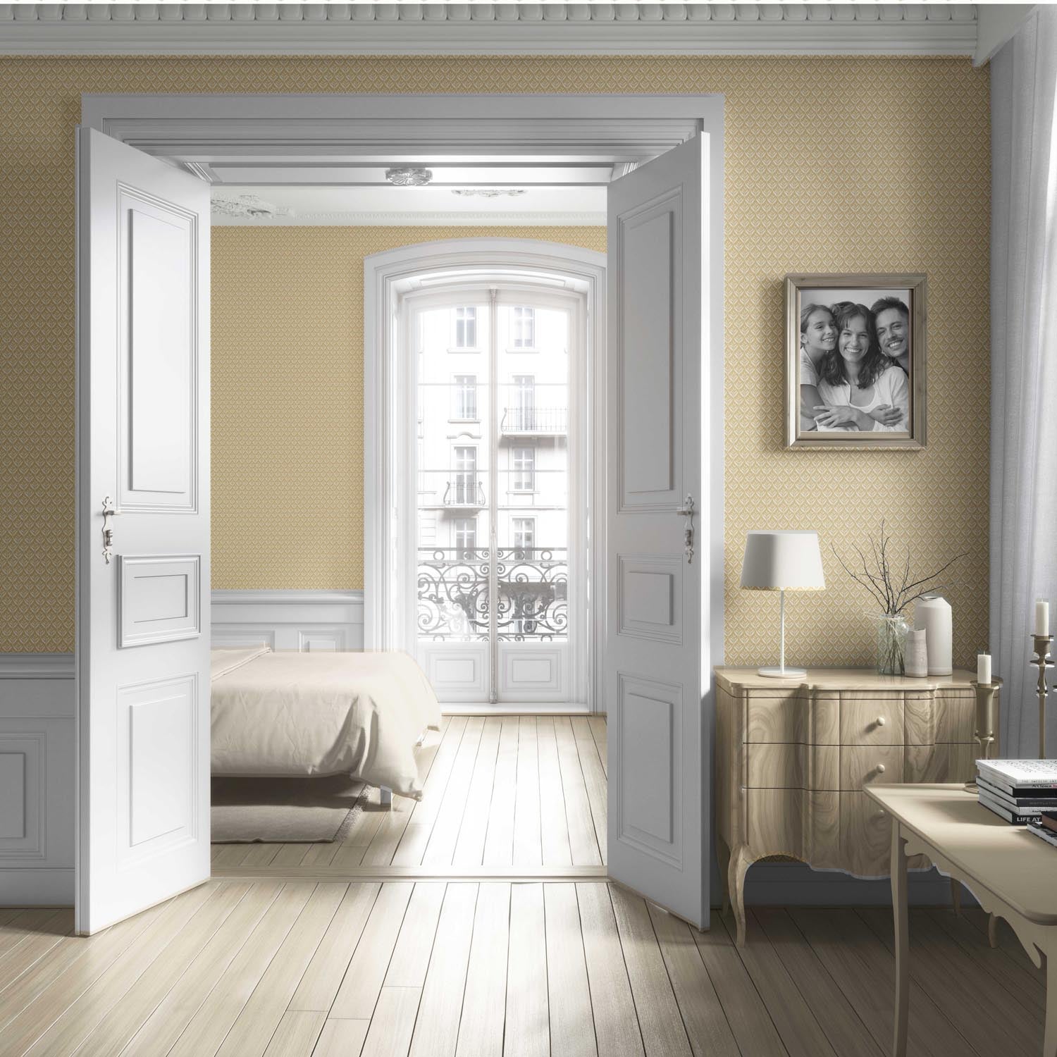 Small Floral Lattice/ Leaf Textured Living Room Wallpaper Sample (Yellow/ Off-White)