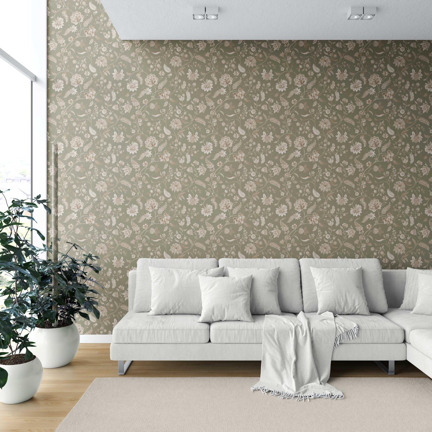 Floral/ Botanical Patterned Shower Toilet Wallpaper Sample (Olive Green/ Beige)