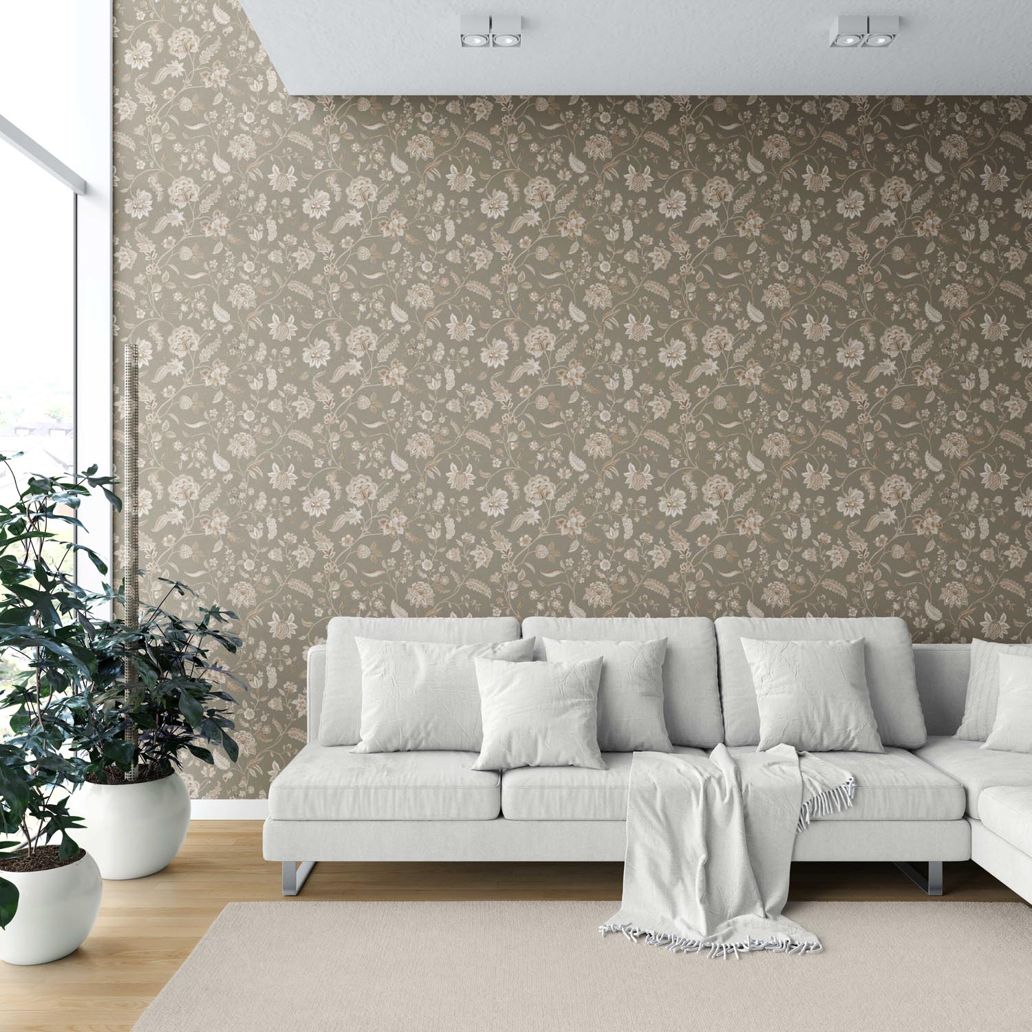 Floral/ Botanical Patterned Shower Toilet Wallpaper Sample (Olive Green/ Brown/ Beige)