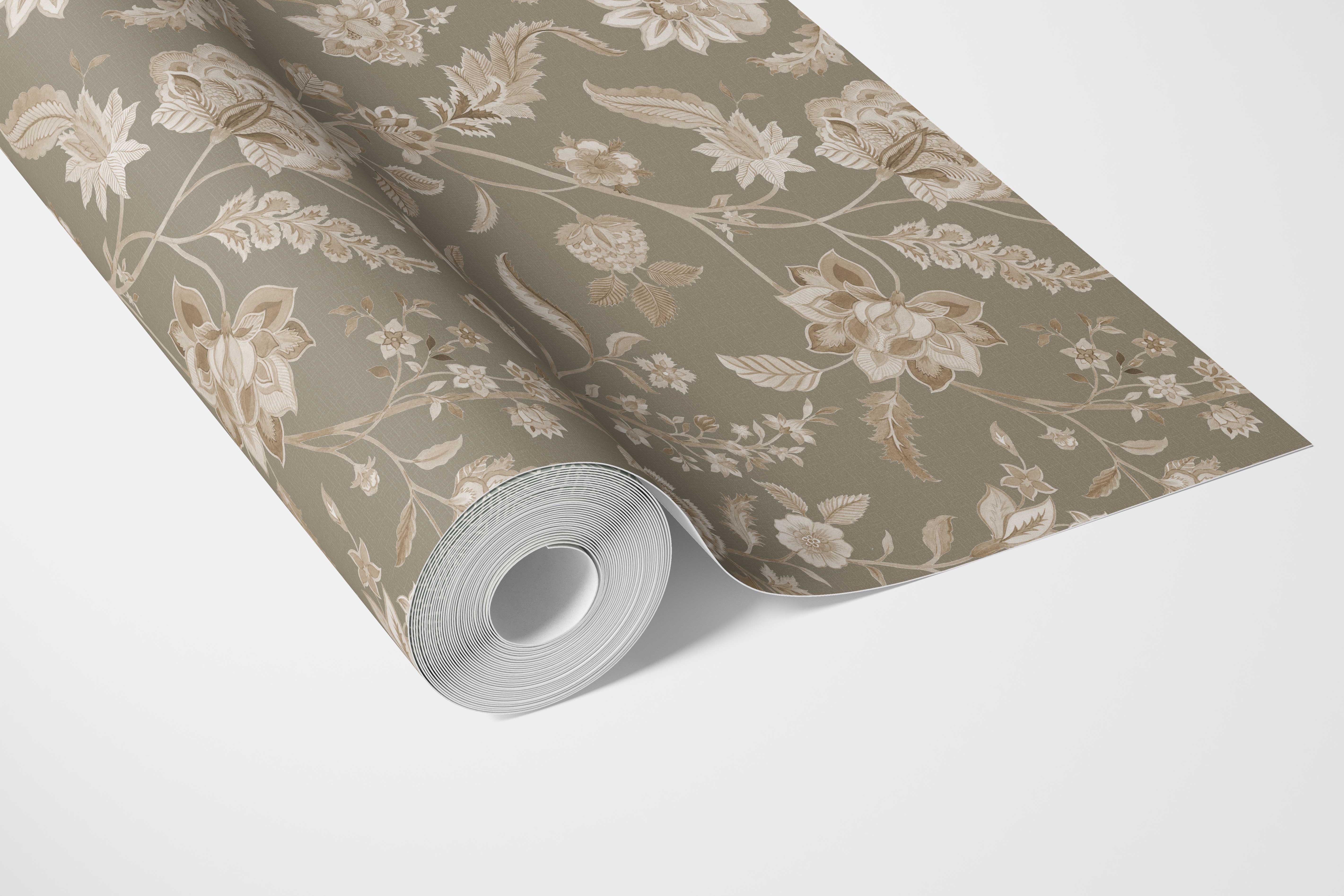 Floral/ Botanical Patterned Bathroom Wallpaper Sample (Olive Green/ Brown/ Beige)