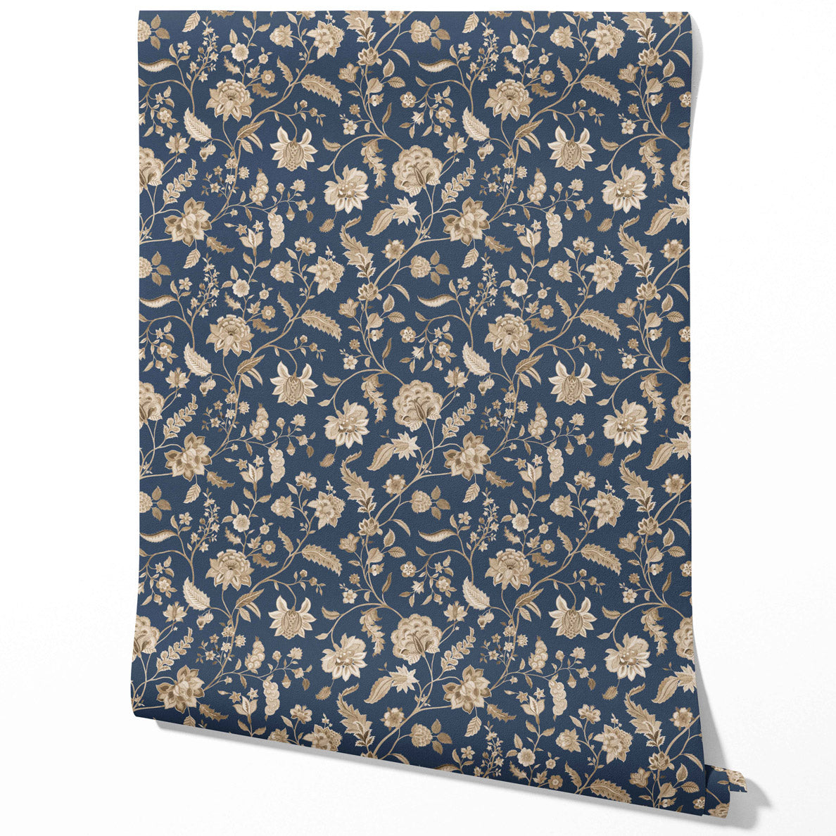 Floral/ Botanical Patterned Traditional Wallpaper Sample (Navy Blue/ Beige)