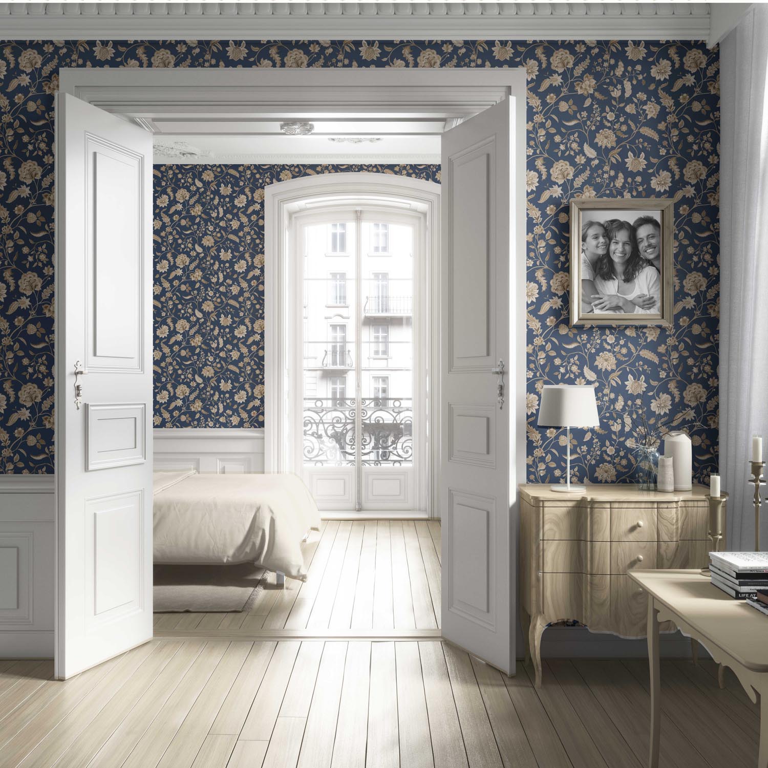 Floral/ Botanical Patterned Living Room Wallpaper Sample (Navy Blue/ Beige)
