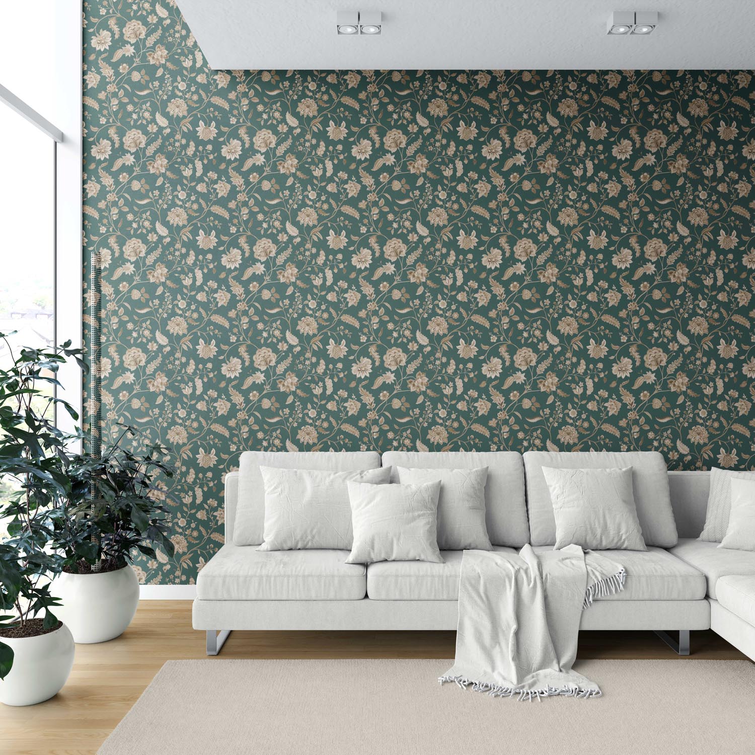 Floral/ Botanical Patterned Shower Toilet Wallpaper Sample (Emerald Green/ Beige)