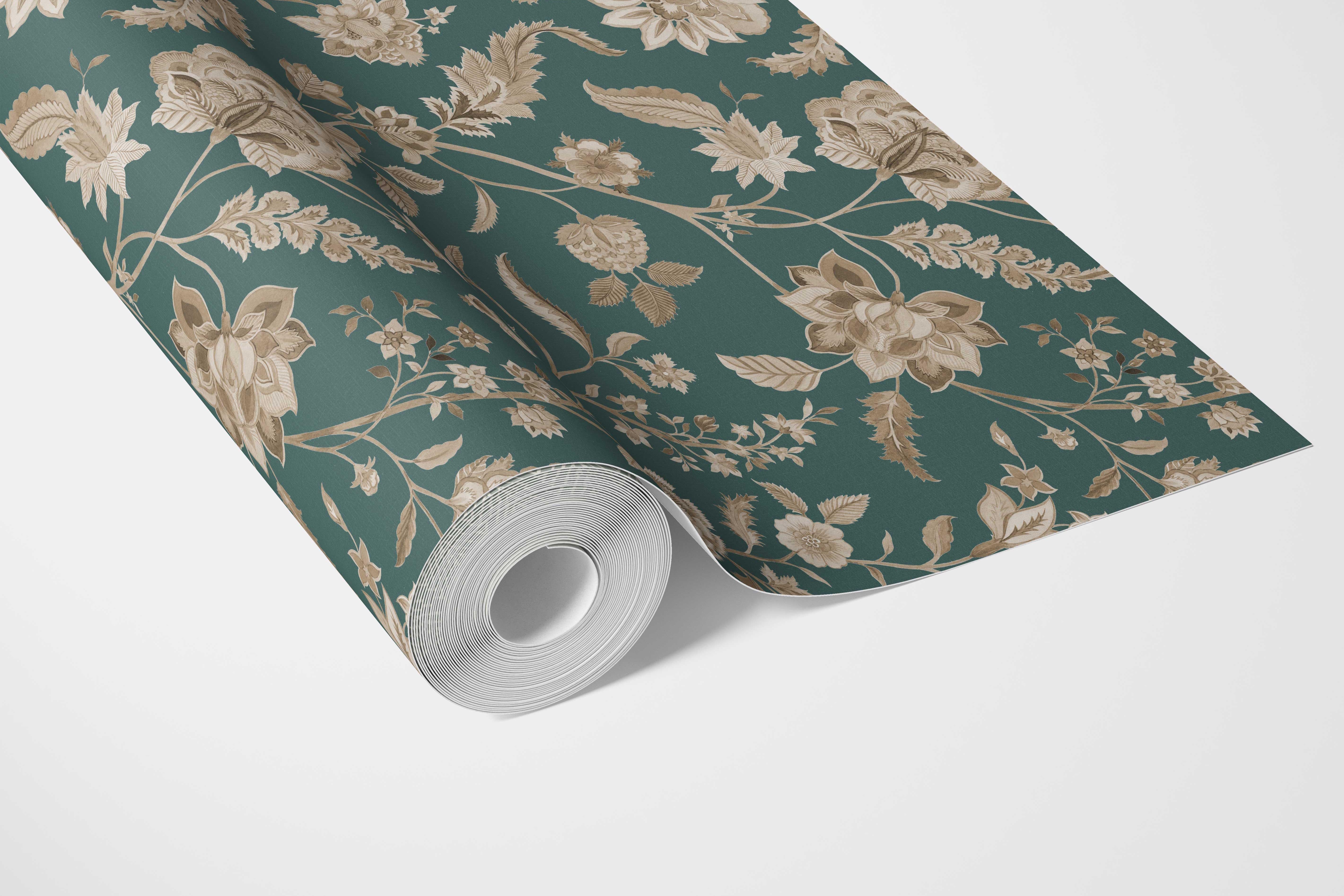 Floral/ Botanical Patterned Bathroom Wallpaper Sample (Emerald Green/ Beige)