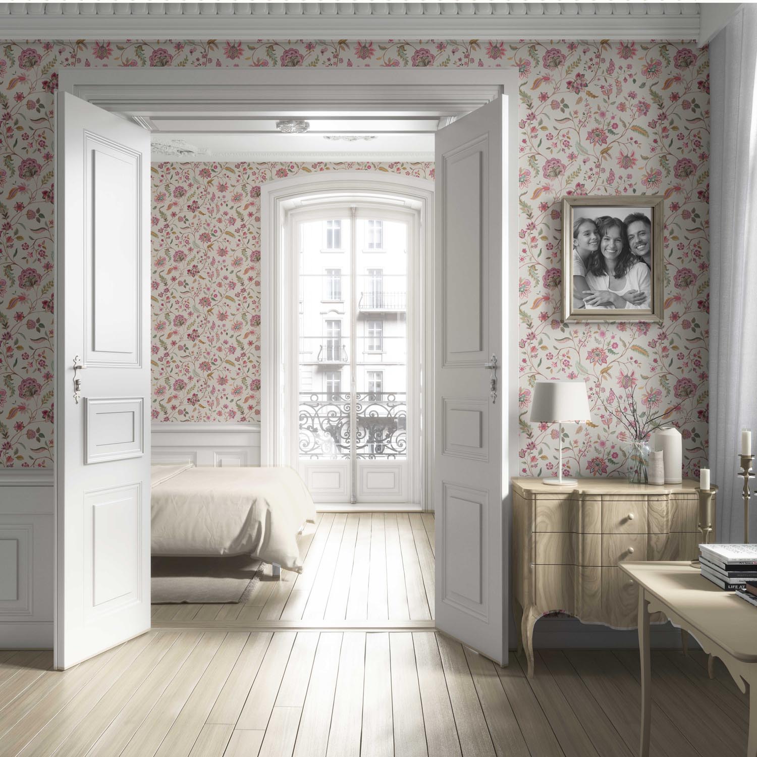Floral/ Botanical Patterned Living Room Wallpaper Sample (Pink/ Green/ Blue/ Soft Taupe)