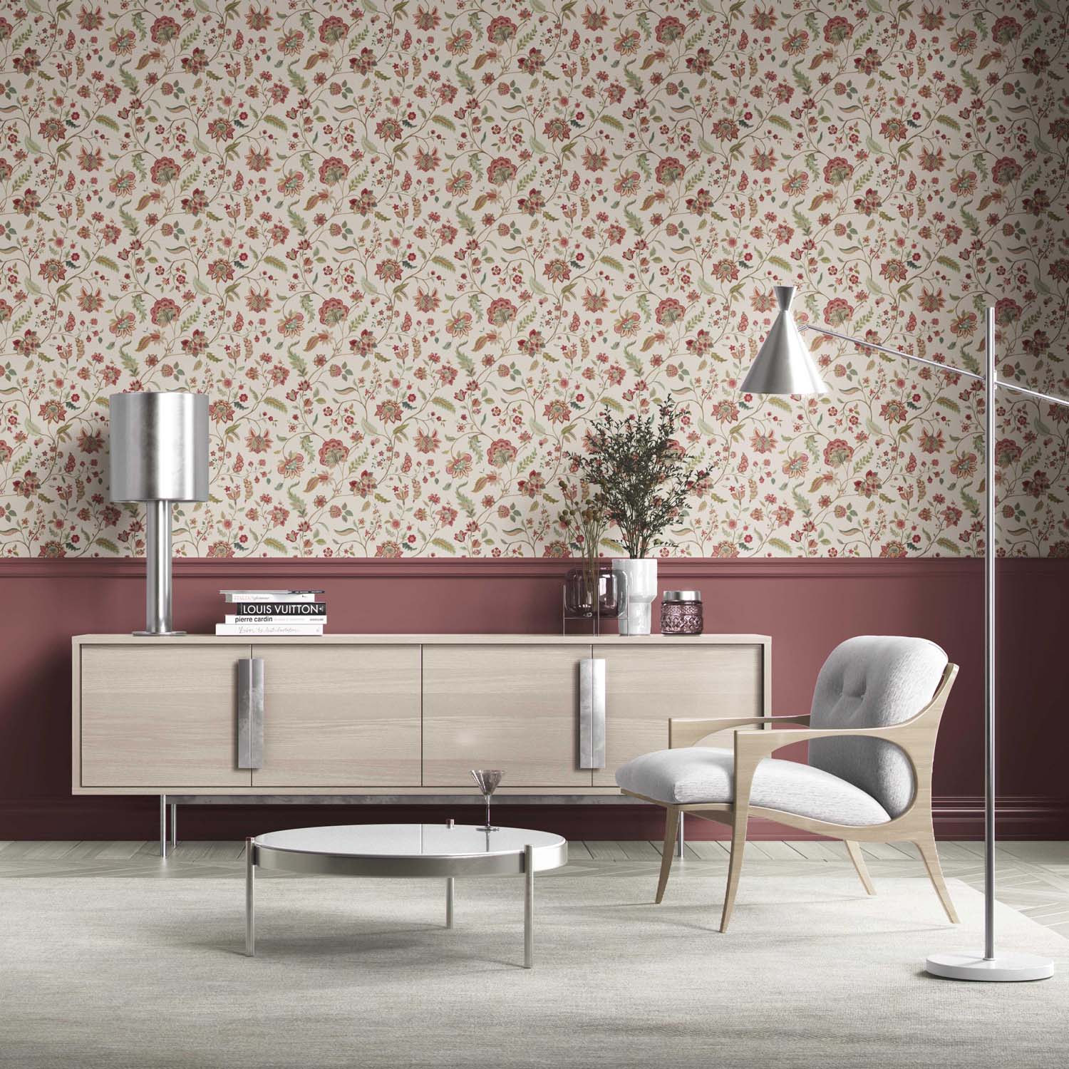 Floral/ Botanical Patterned Kitchen Wallpaper Sample (Red/ Green/ Soft Taupe)