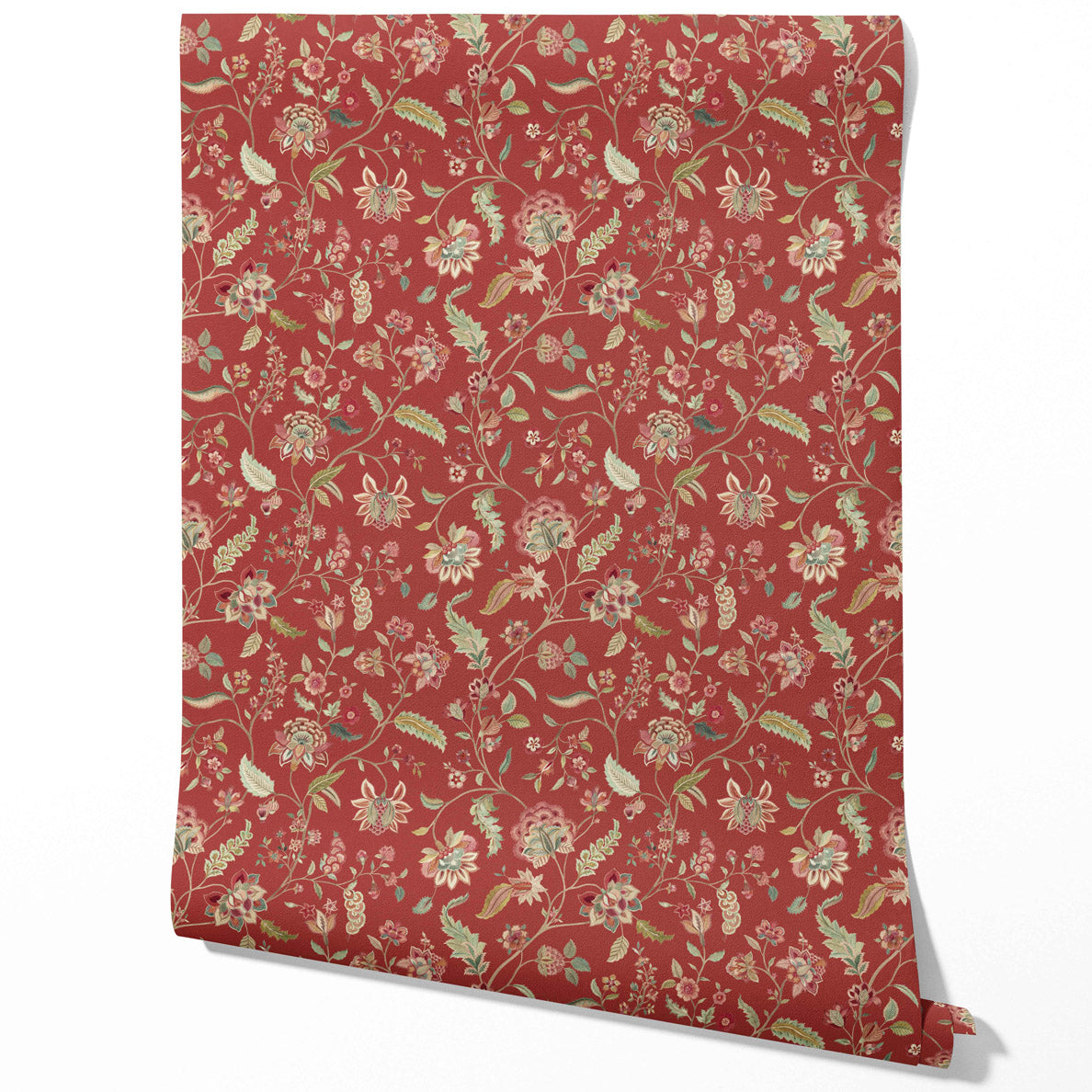 Floral/ Botanical Patterned Traditional Wallpaper Sample (Deep Red/ Green)