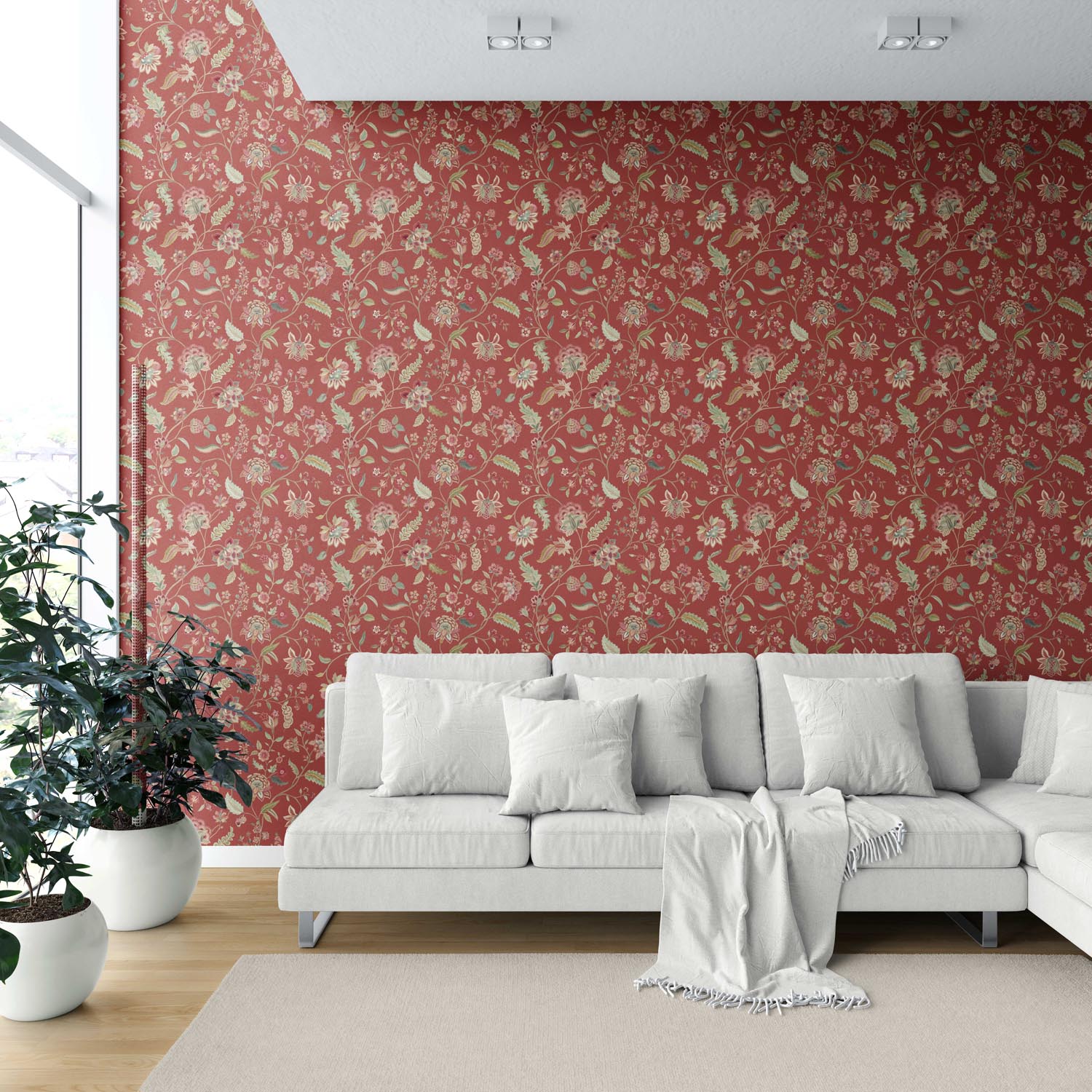 Floral/ Botanical Patterned Shower Toilet Wallpaper Sample (Deep Red/ Green)