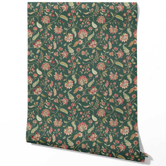 Floral/ Botanical Patterned Traditional Wallpaper (Green/ Red/ Pink)