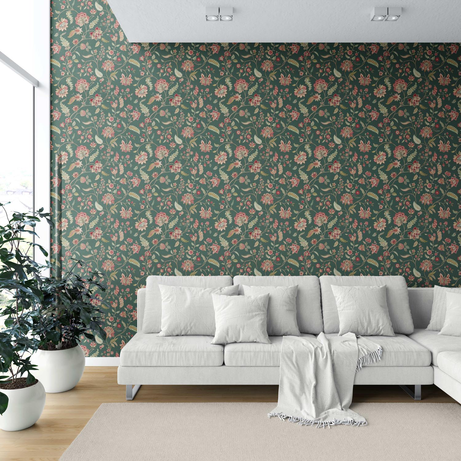 Floral/ Botanical Patterned Shower Toilet Wallpaper Sample (Green/ Red/ Pink)