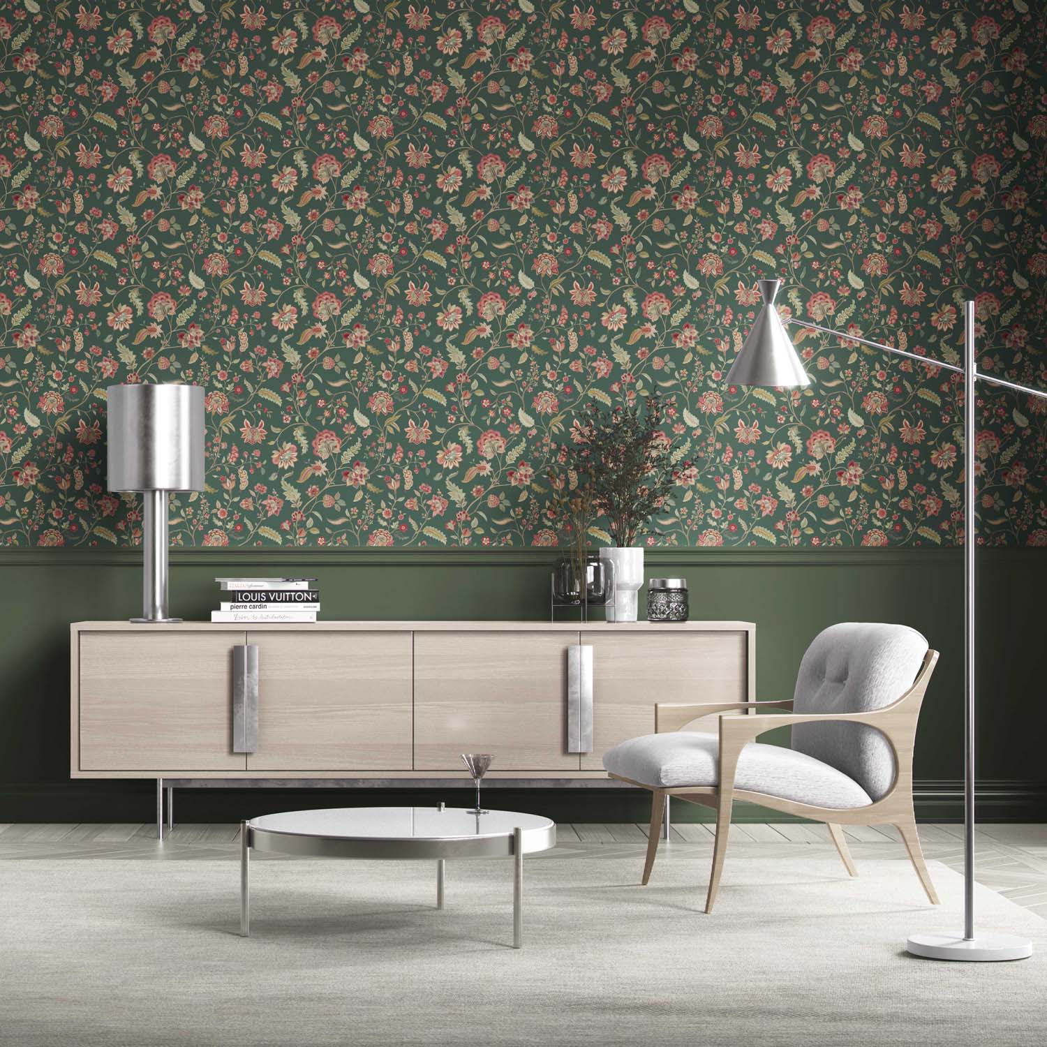 Floral/ Botanical Patterned Kitchen Wallpaper Sample (Green/ Red/ Pink)