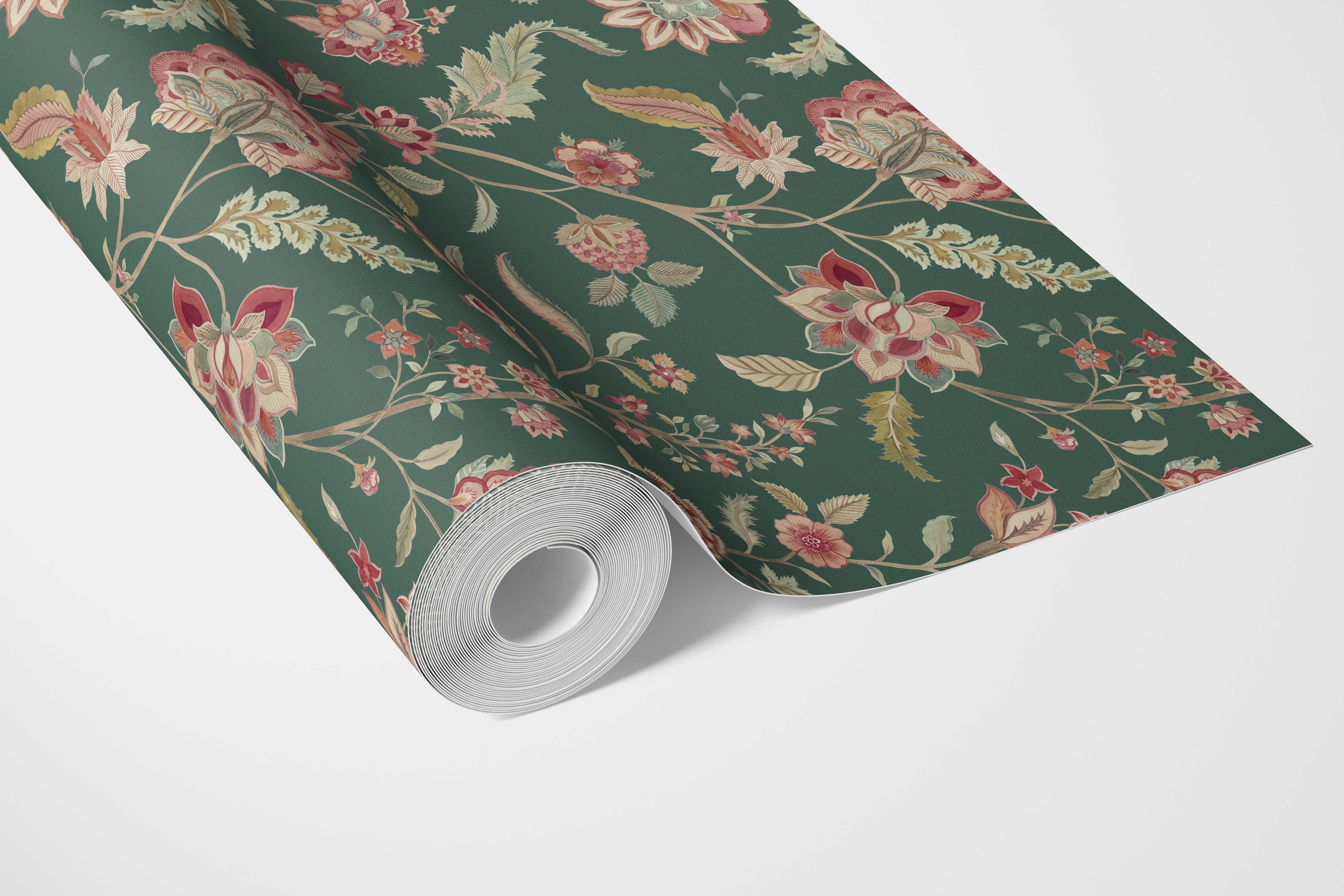 Floral/ Botanical Patterned Bathroom Wallpaper Sample (Green/ Red/ Pink)