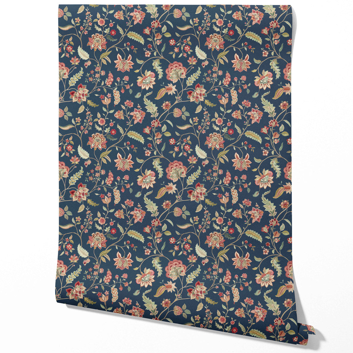 Floral/ Botanical Patterned Traditional Wallpaper Sample (Navy Blue/ Red/ Pink/ Green)