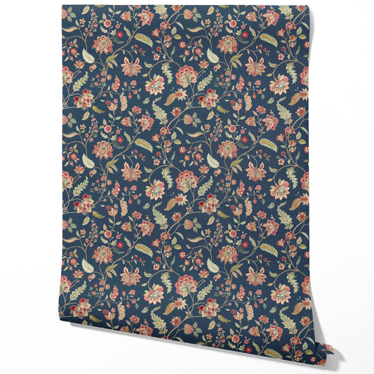 Floral/ Botanical Patterned Traditional Wallpaper (Navy Blue/ Red/ Pink/ Green)